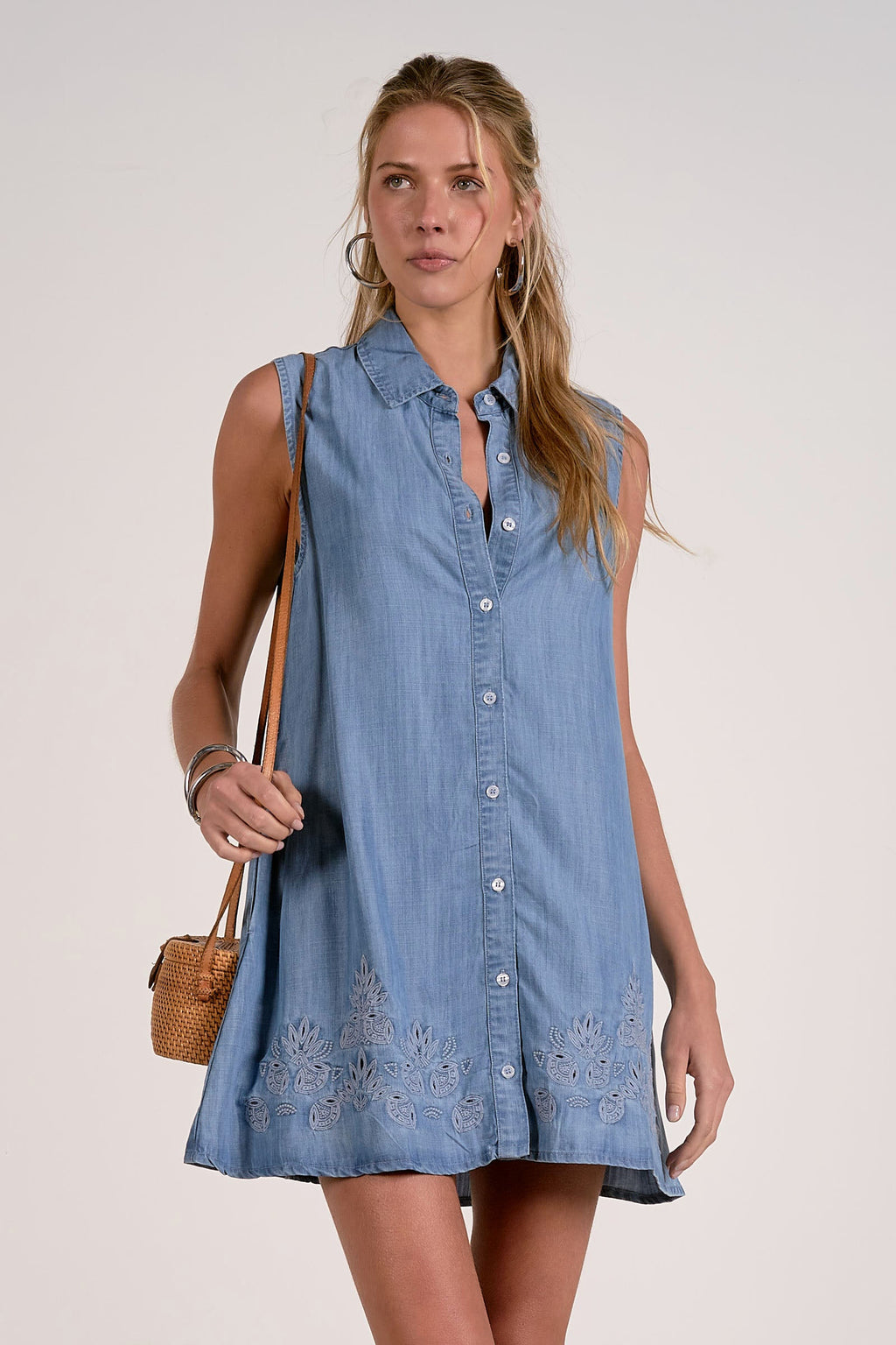 Point Collar Swing Embroidered Dress