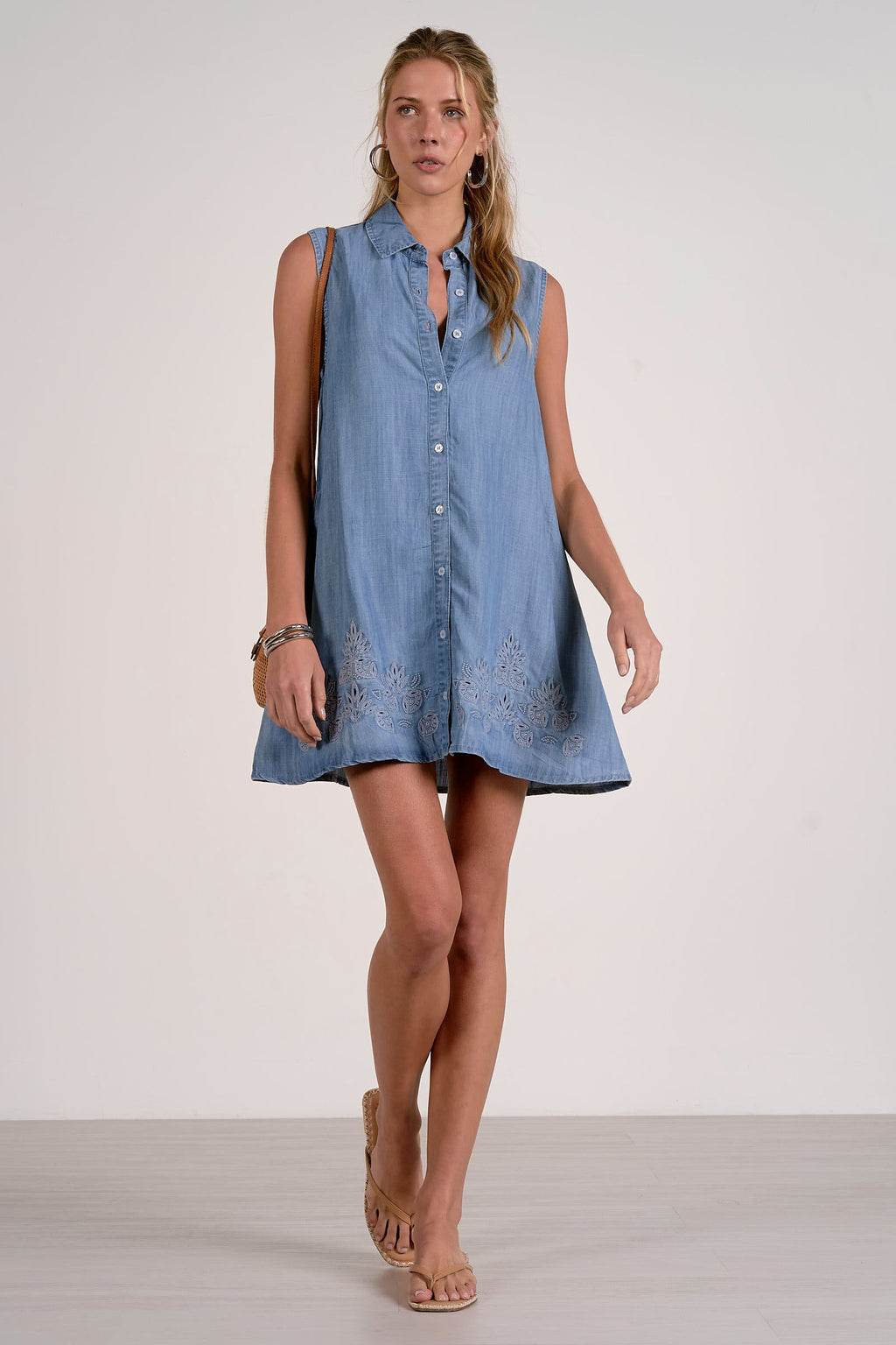 Point Collar Swing Embroidered Dress