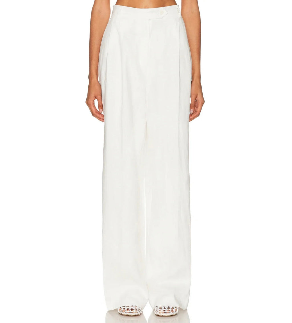 White High-Waist Front-Pleat Linen Trousers