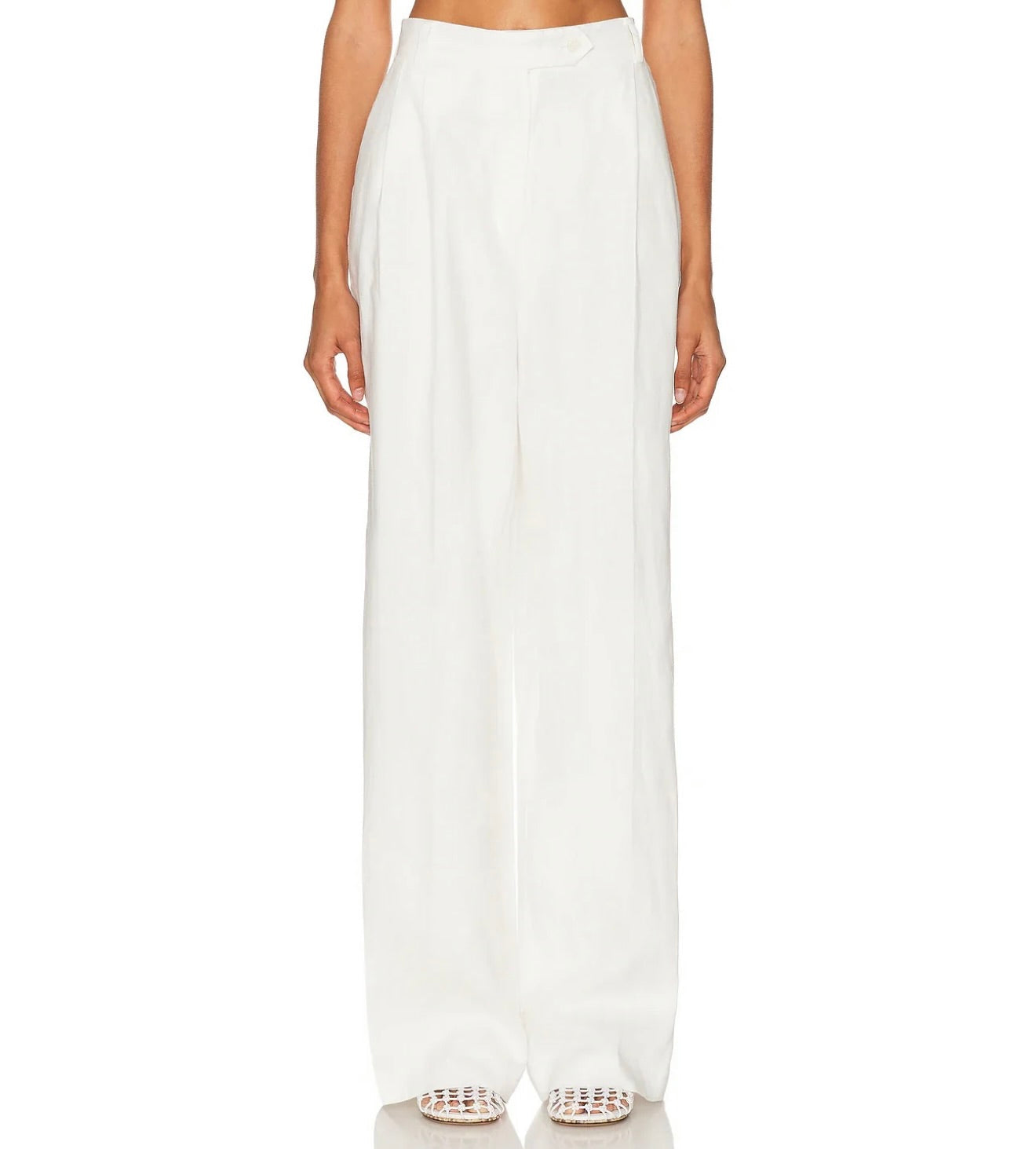 White High-Waist Front-Pleat Linen Trousers