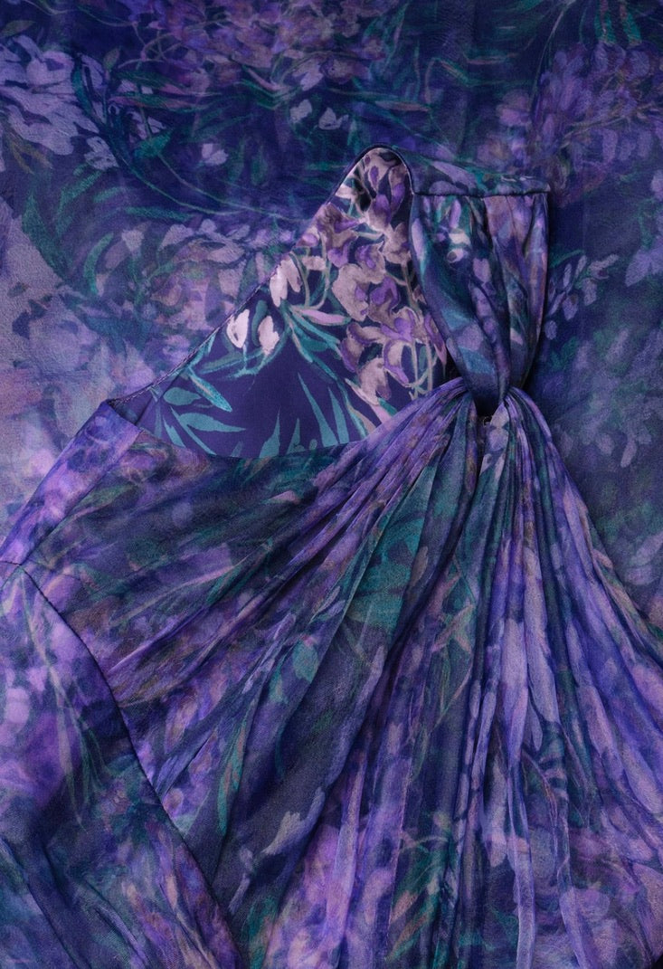 Defined-Waist Cascade-Layered Floor-Length Gown