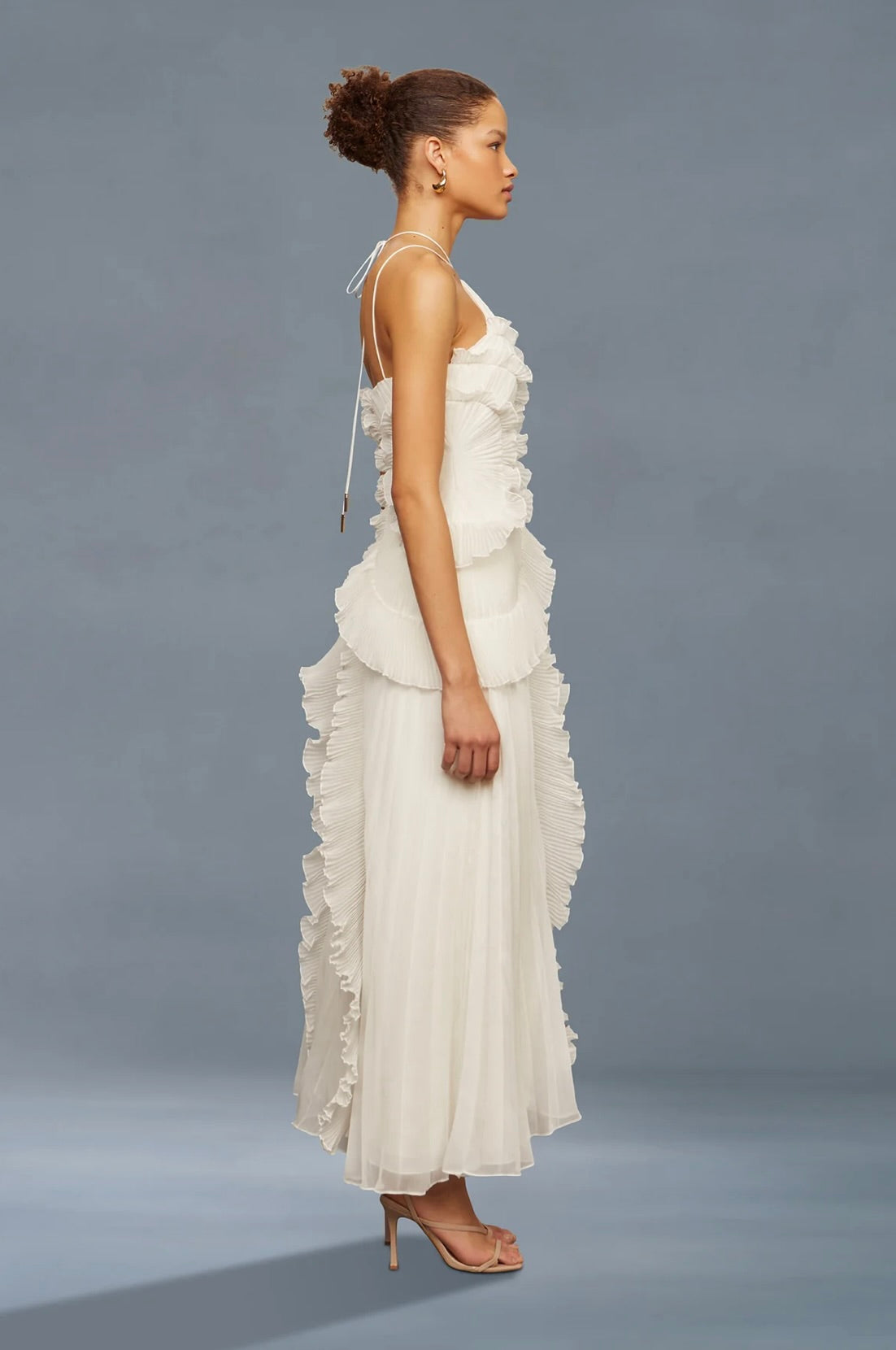 Ivory Lily Pad Pleated A-Line Halter Gown