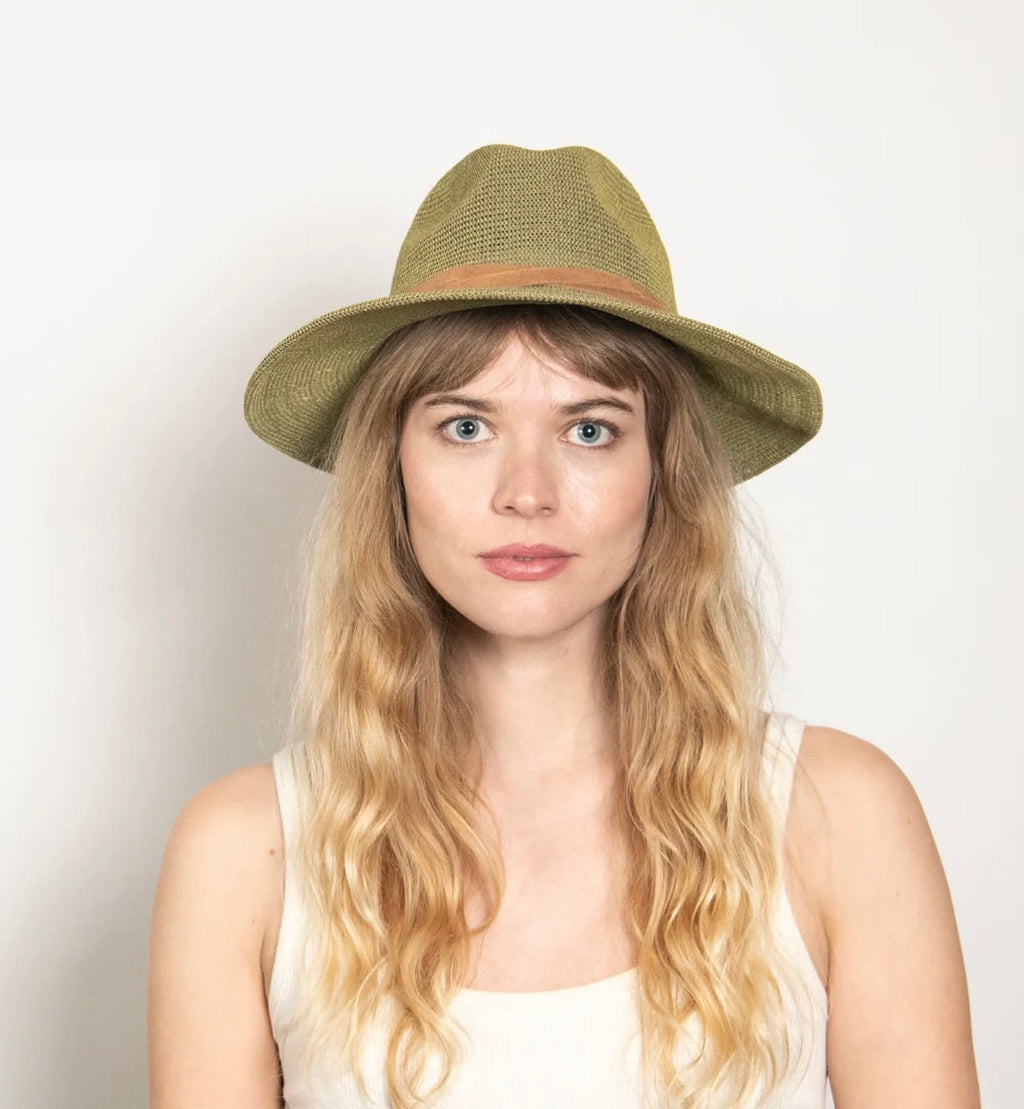 Sage Suede-Trim Foldable Panama Straw Hat