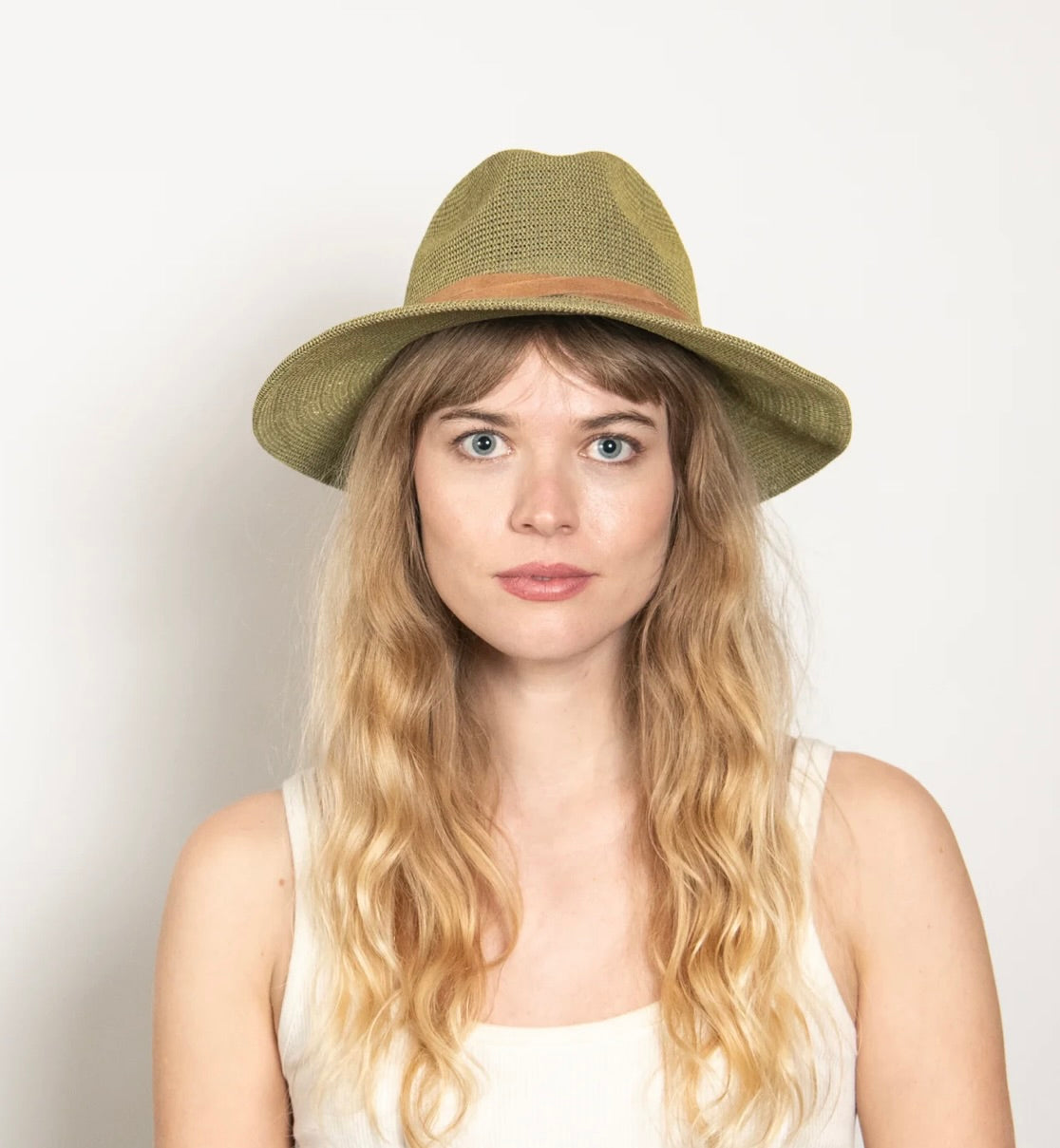 Sage Suede-Trim Foldable Panama Straw Hat
