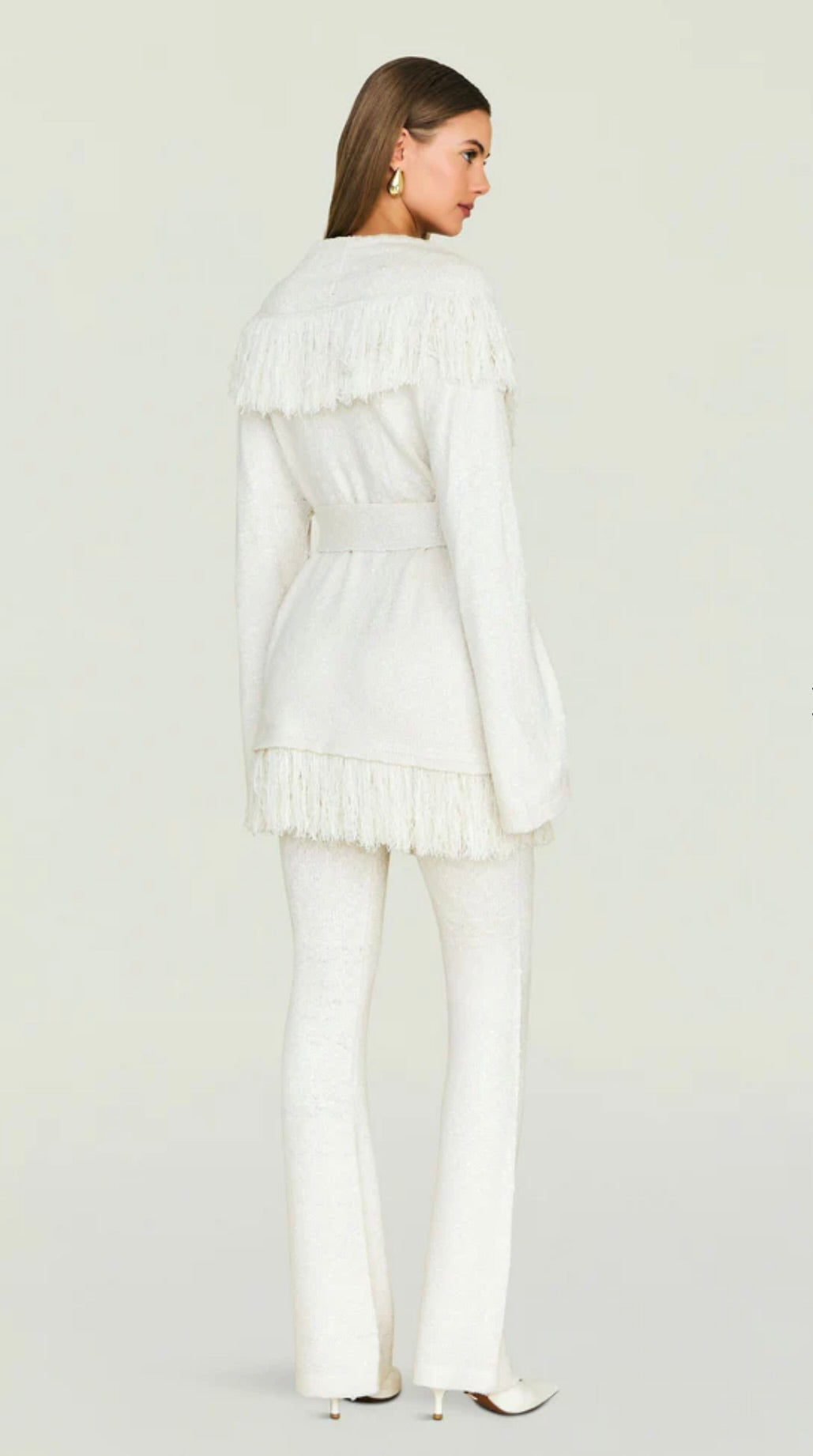 Eggshell Acrylic-Viscose Pullover with Fringe & Belt