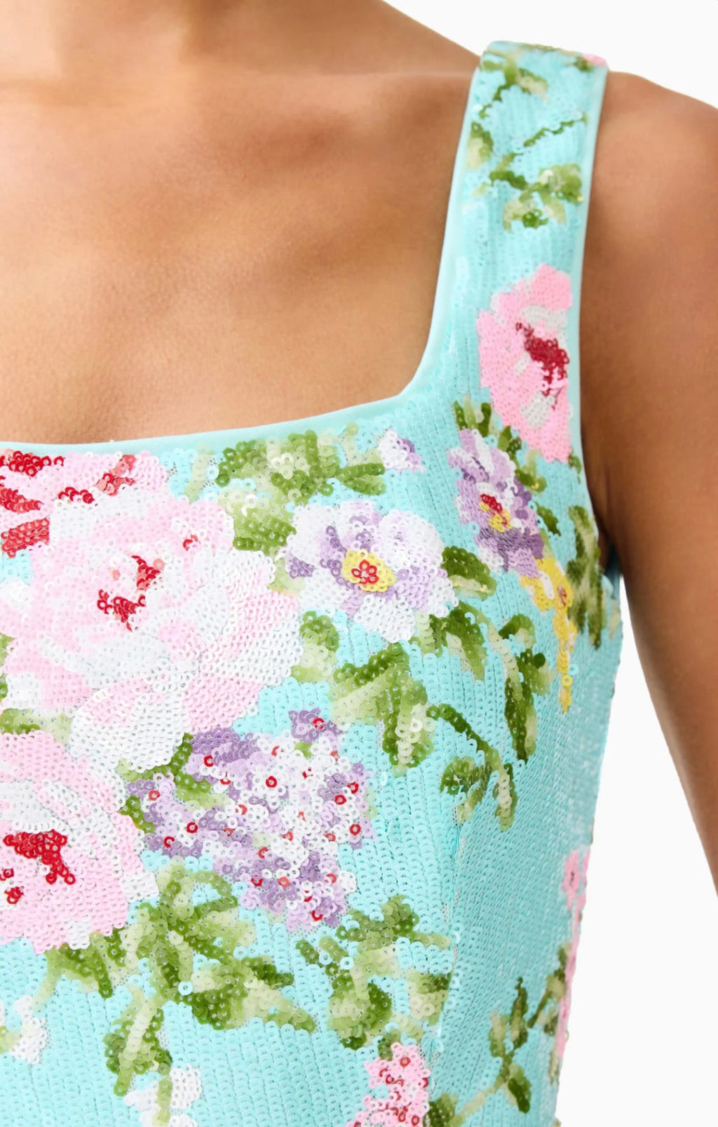 Mint Green Square-Neck Floral Sequin Midi Dress