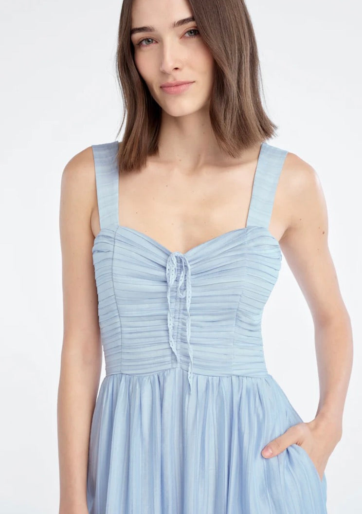 Sky Blue Pleated Bodice Adjustable Front-Tie Long Dress
