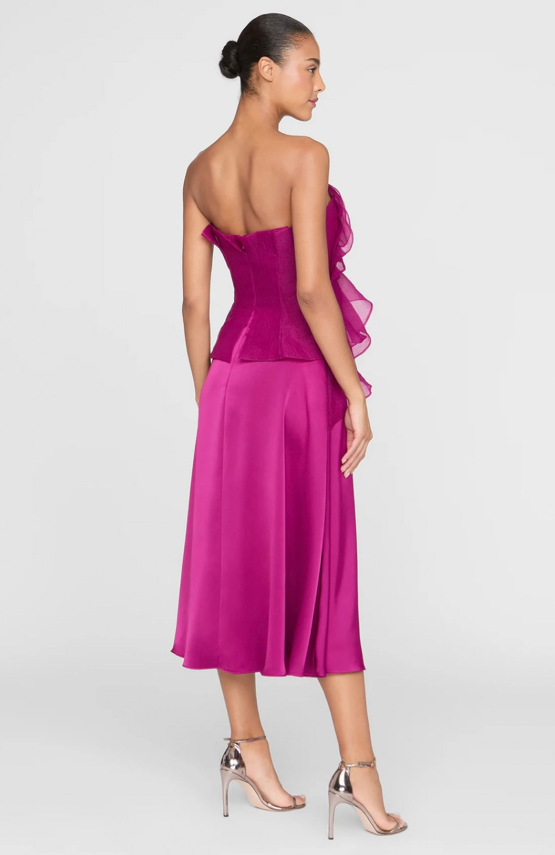Below-Knee Double-Faced Satin Cascading Gown