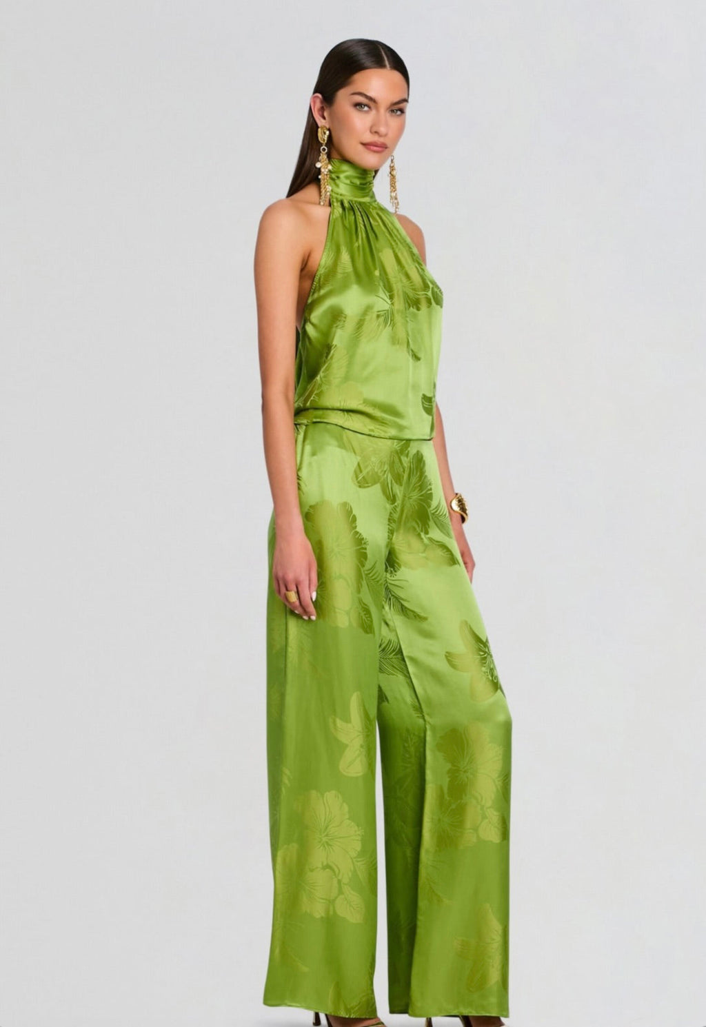 Kiwi Tropical Jacquard Halter Satin Top with Fringed Scarf