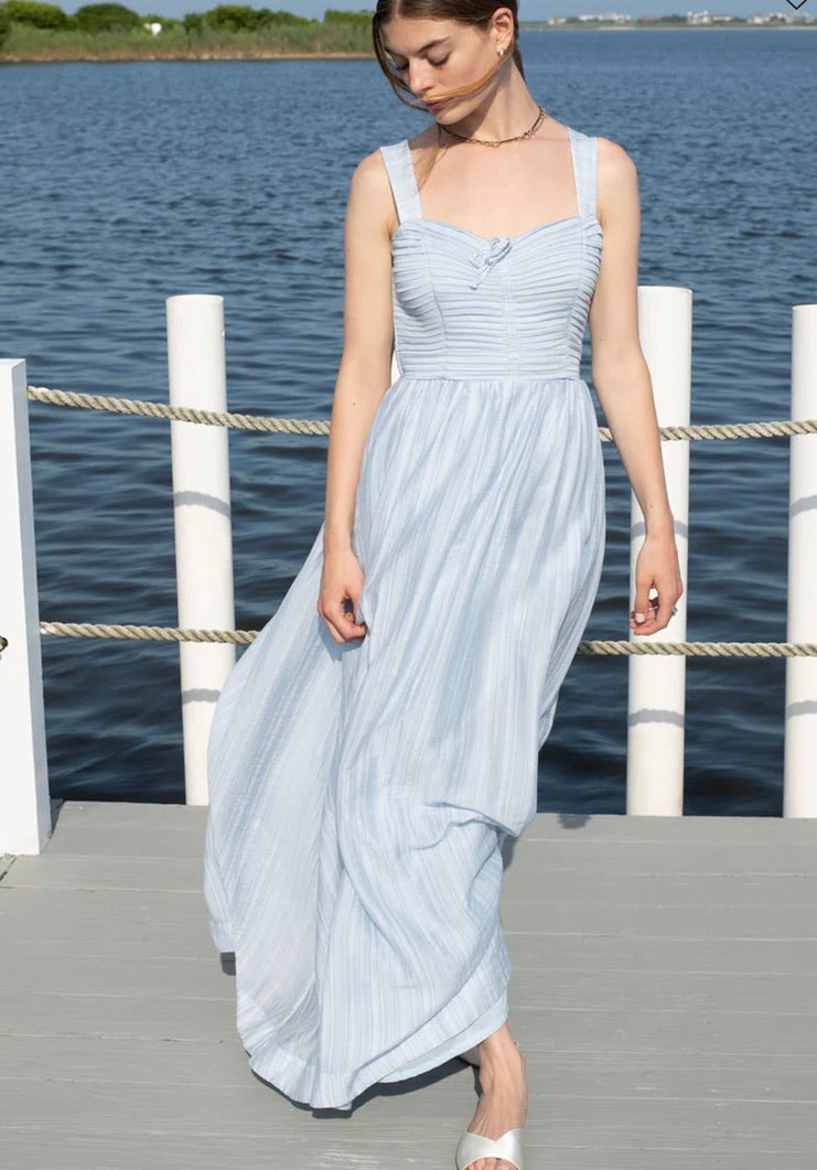 Sky Blue Pleated Bodice Adjustable Front-Tie Long Dress