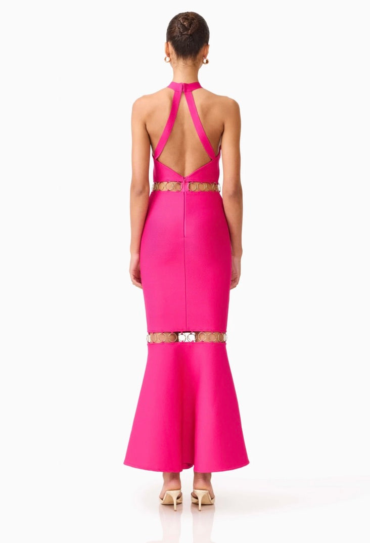 Raspberry Pink High-Stretch Halter Backless Gown
