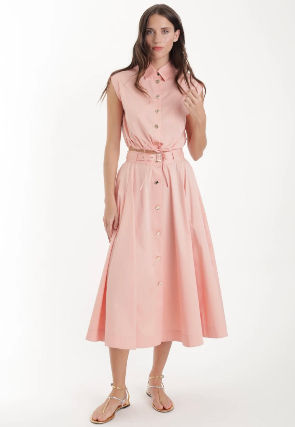 Coral High-Waist A-Line Front-Button Midi Skirt