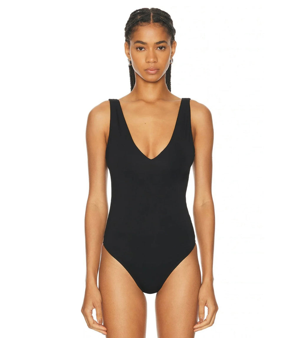 Black Bamboo-Viscose Plunge V Bodysuit