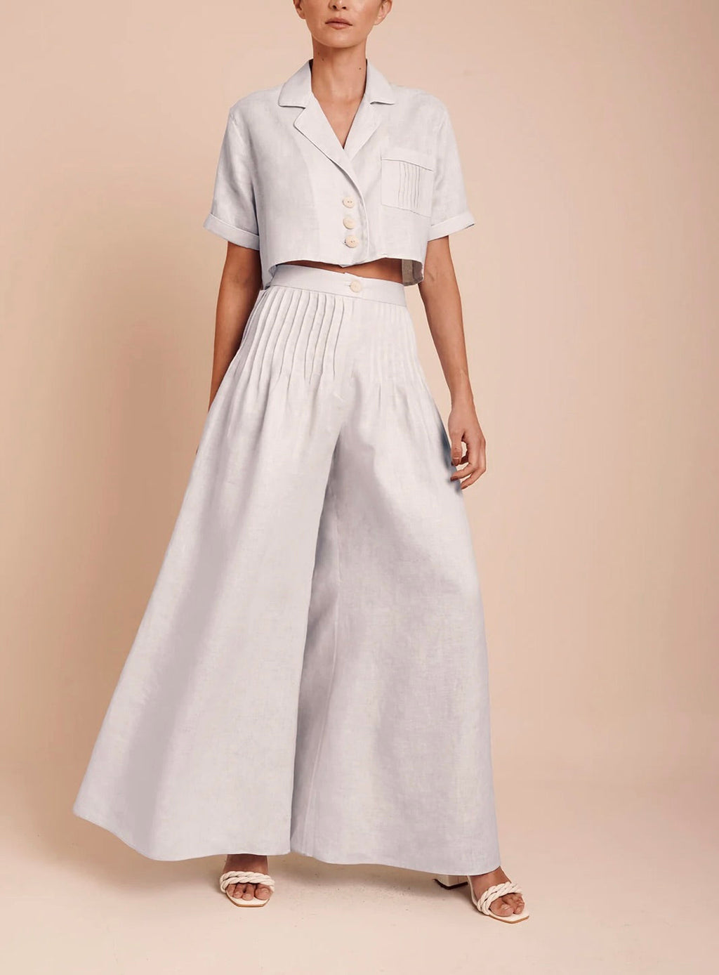 Ice Blue High-Waist Pleated Wide-Leg Pants