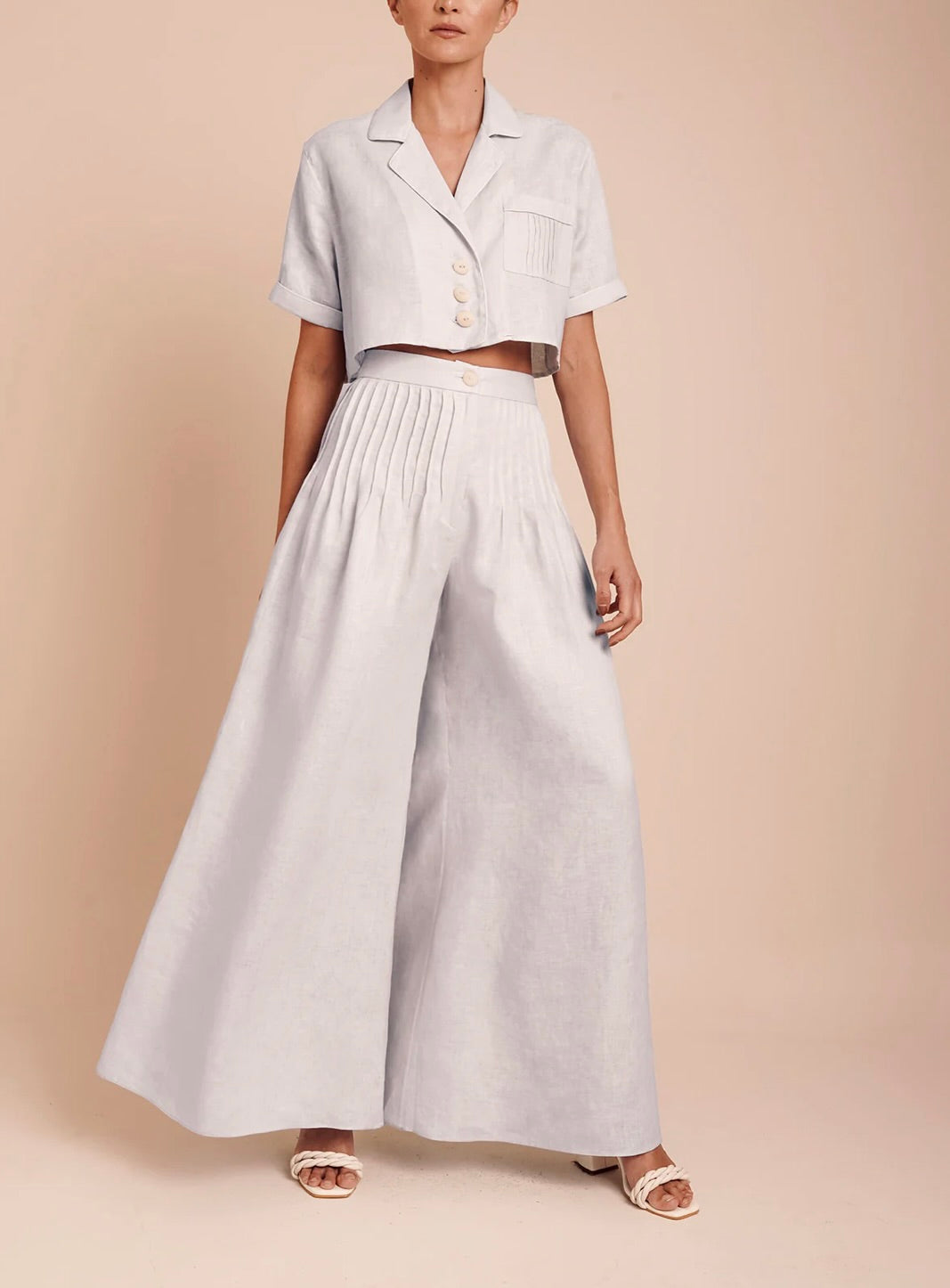 Ice Blue High-Waist Pleated Wide-Leg Pants