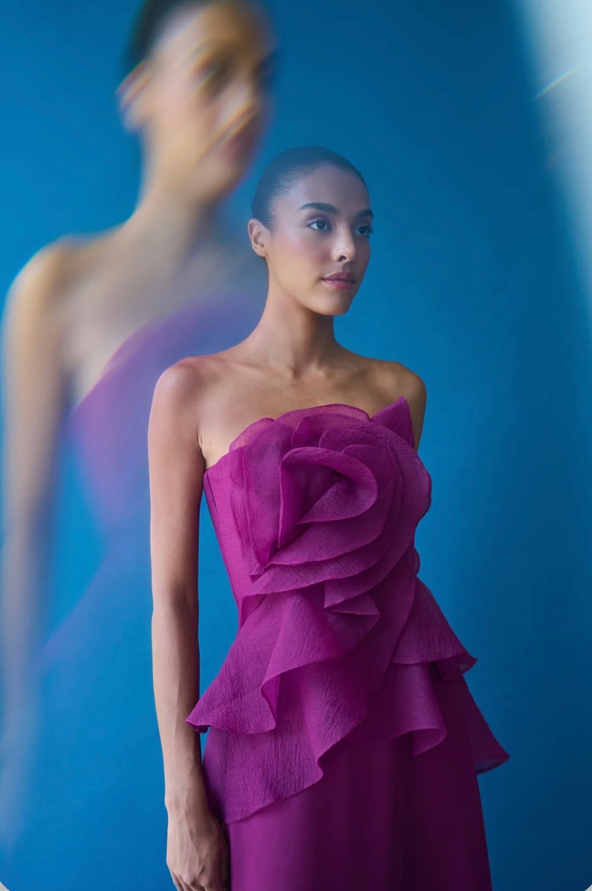 Below-Knee Double-Faced Satin Cascading Gown