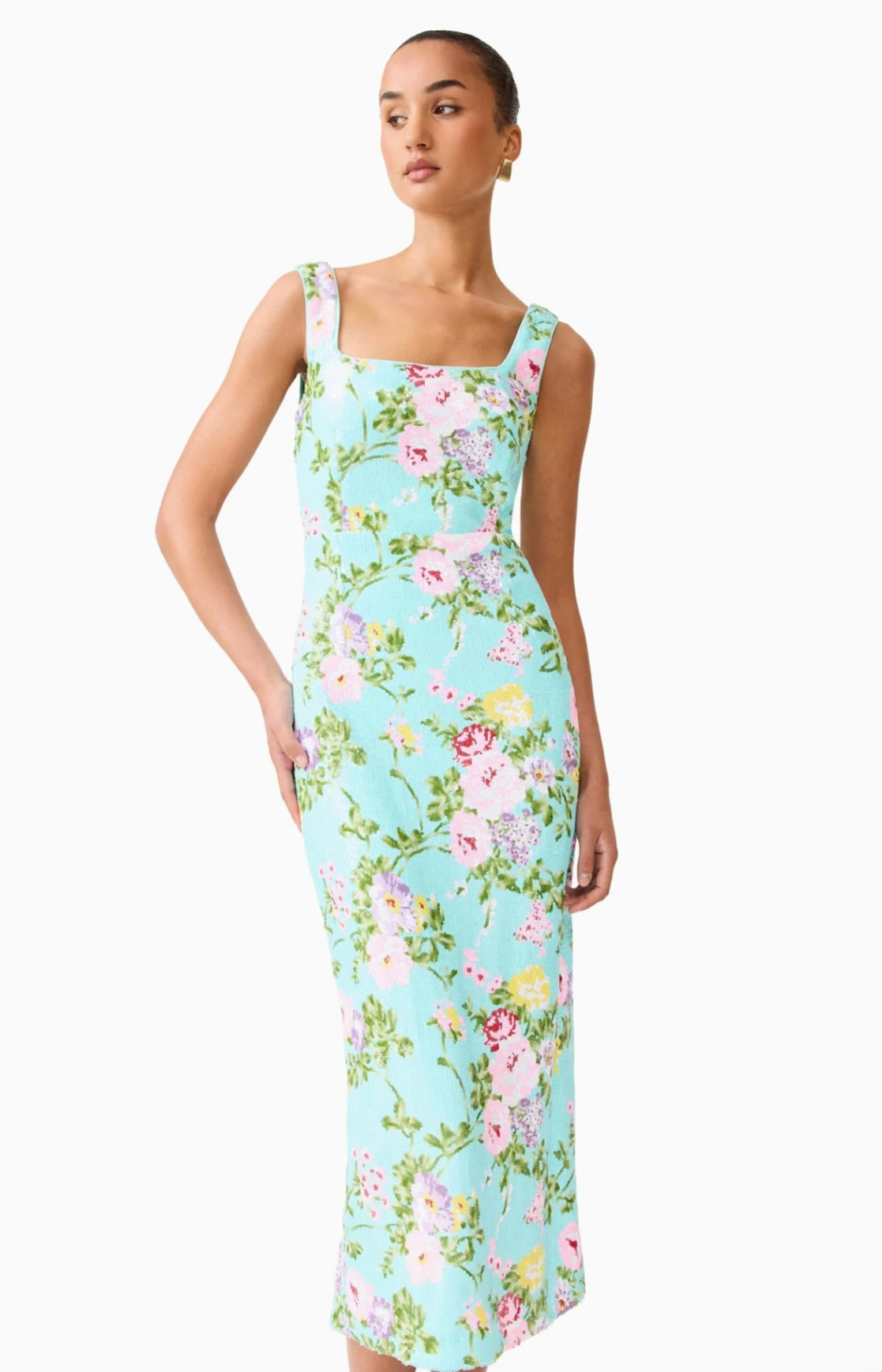 Mint Green Square-Neck Floral Sequin Midi Dress