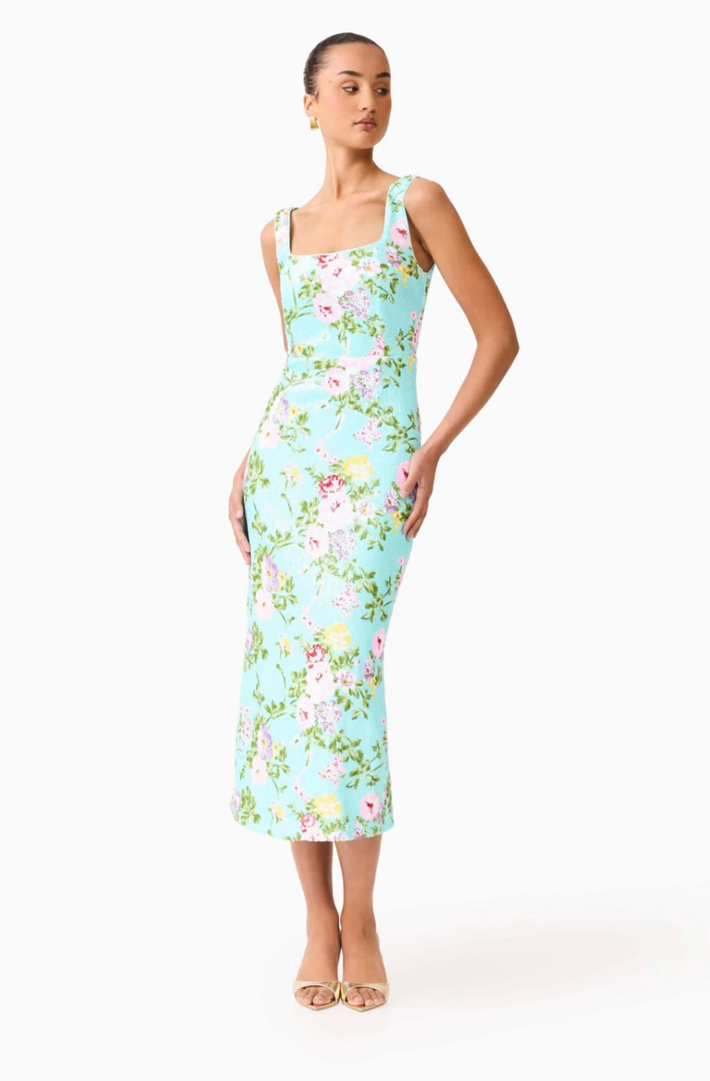 Mint Green Square-Neck Floral Sequin Midi Dress