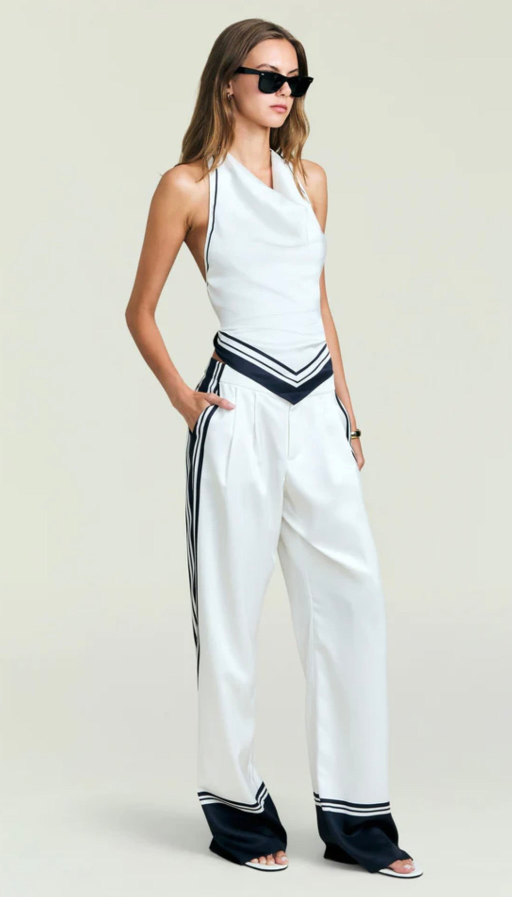 Sun-Drenched Harbor-Inspired Side-Stripe Mid-Rise Pants