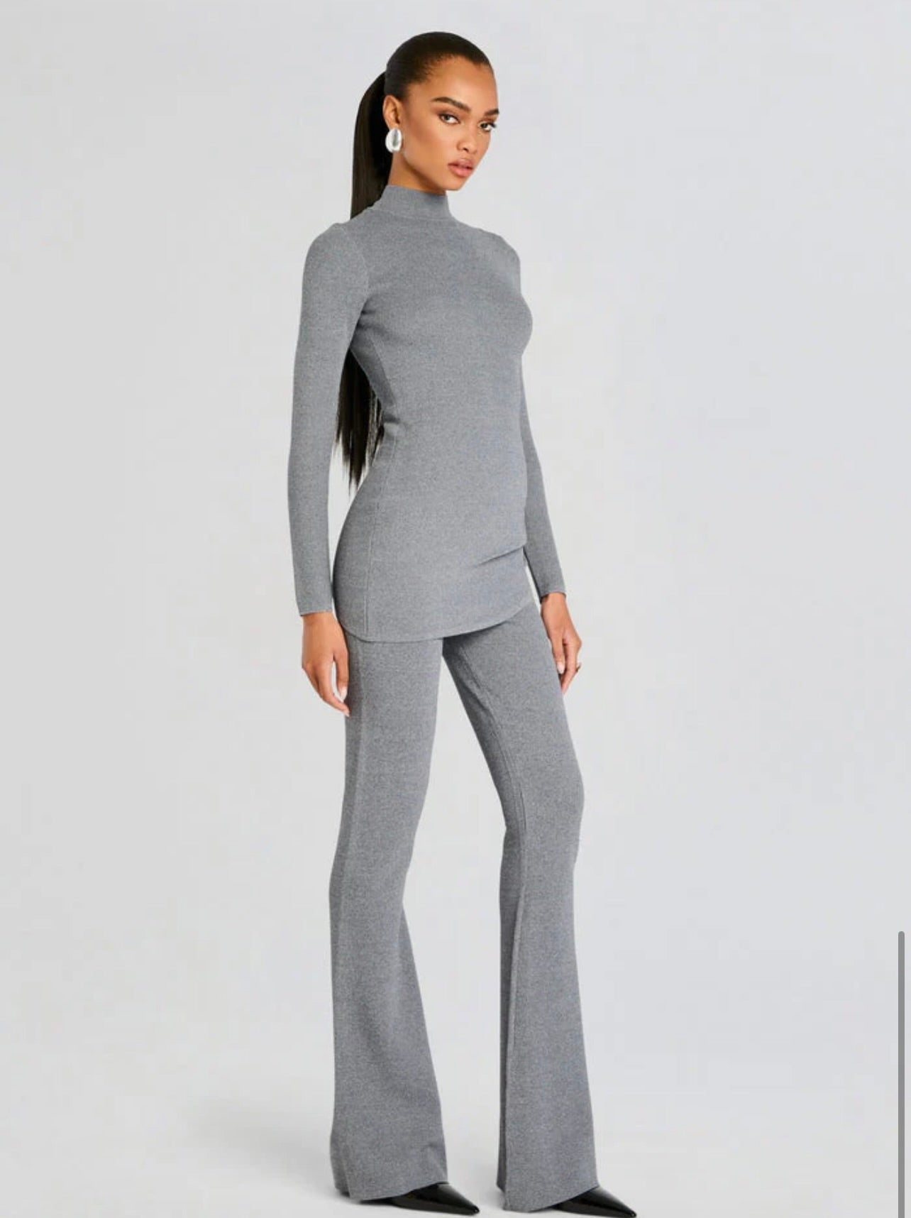 Medium Grey Mid-Rise Knit Flare Pants