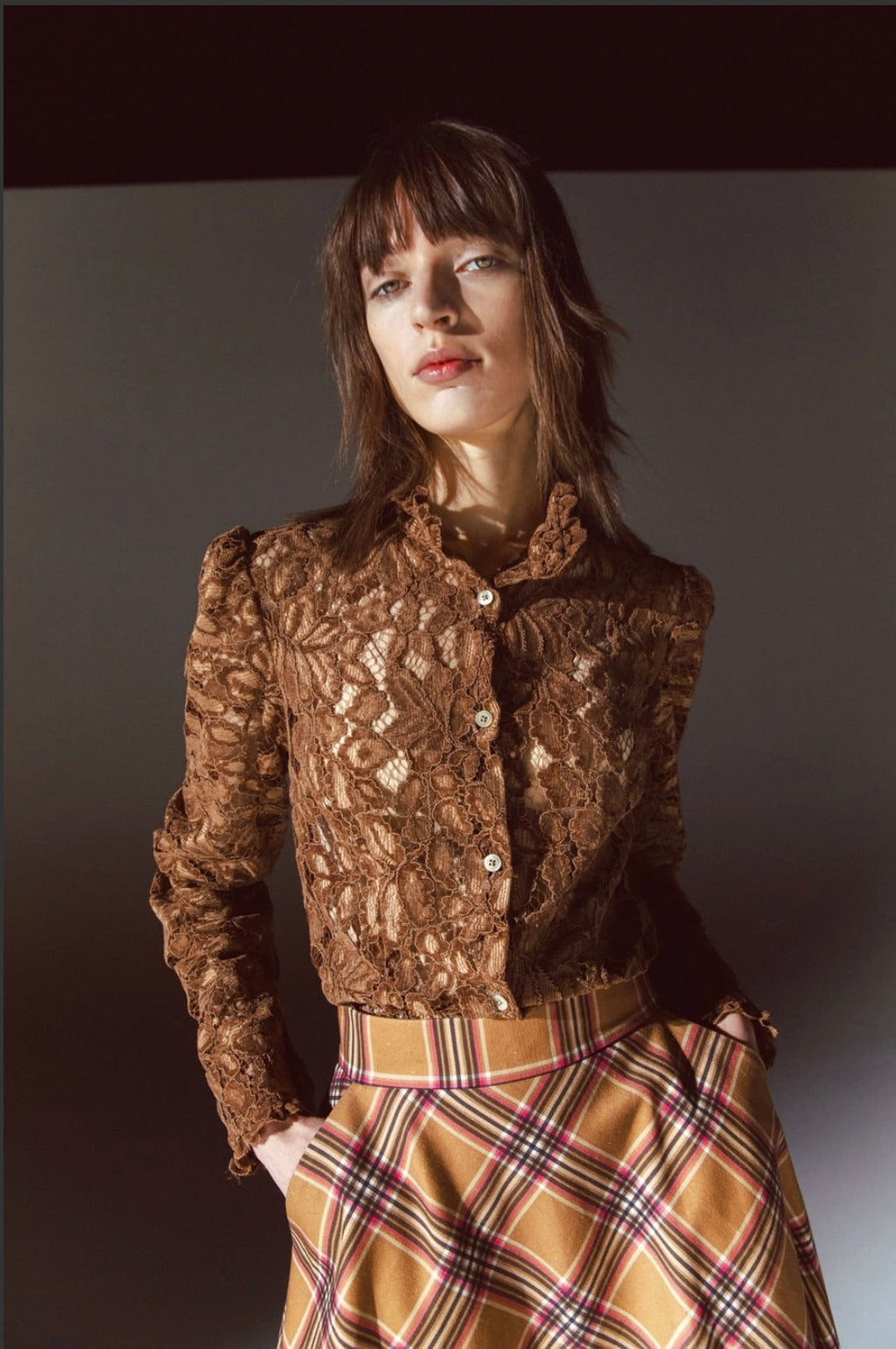 High-Rise Camel Midi Checkered Skirt