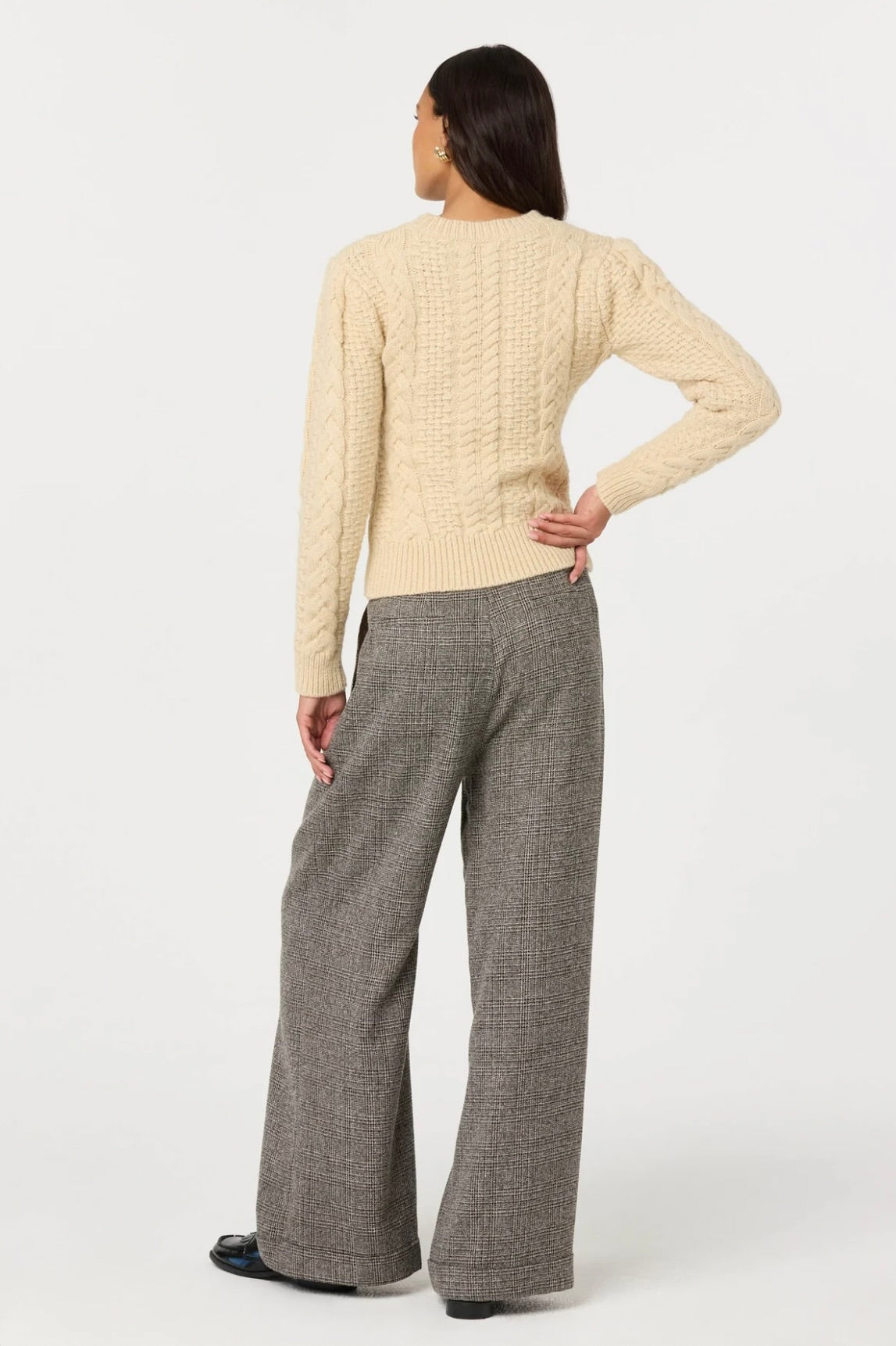 Grey Plaid Pleated Wide-Leg Low-Rise Trousers
