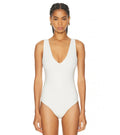 White Bamboo-Viscose Plunge V Bodysuit with Snap Closure