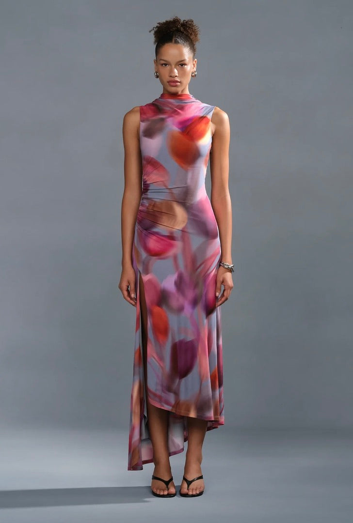 Tulip Haze Matte Viscose Asymmetric Maxi Dress