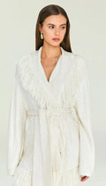 Eggshell Acrylic-Viscose Pullover with Fringe & Belt