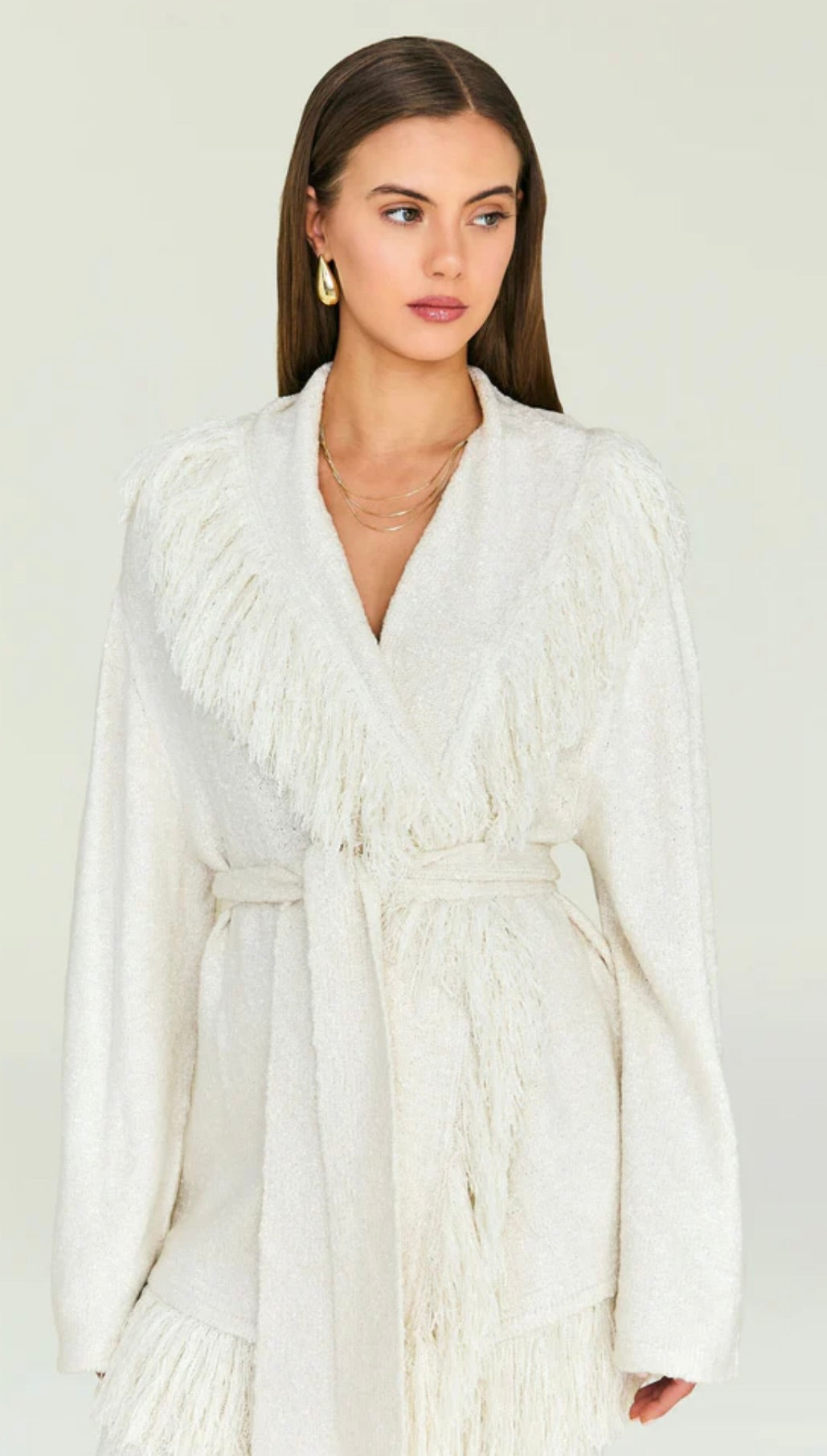 Eggshell Acrylic-Viscose Pullover with Fringe & Belt