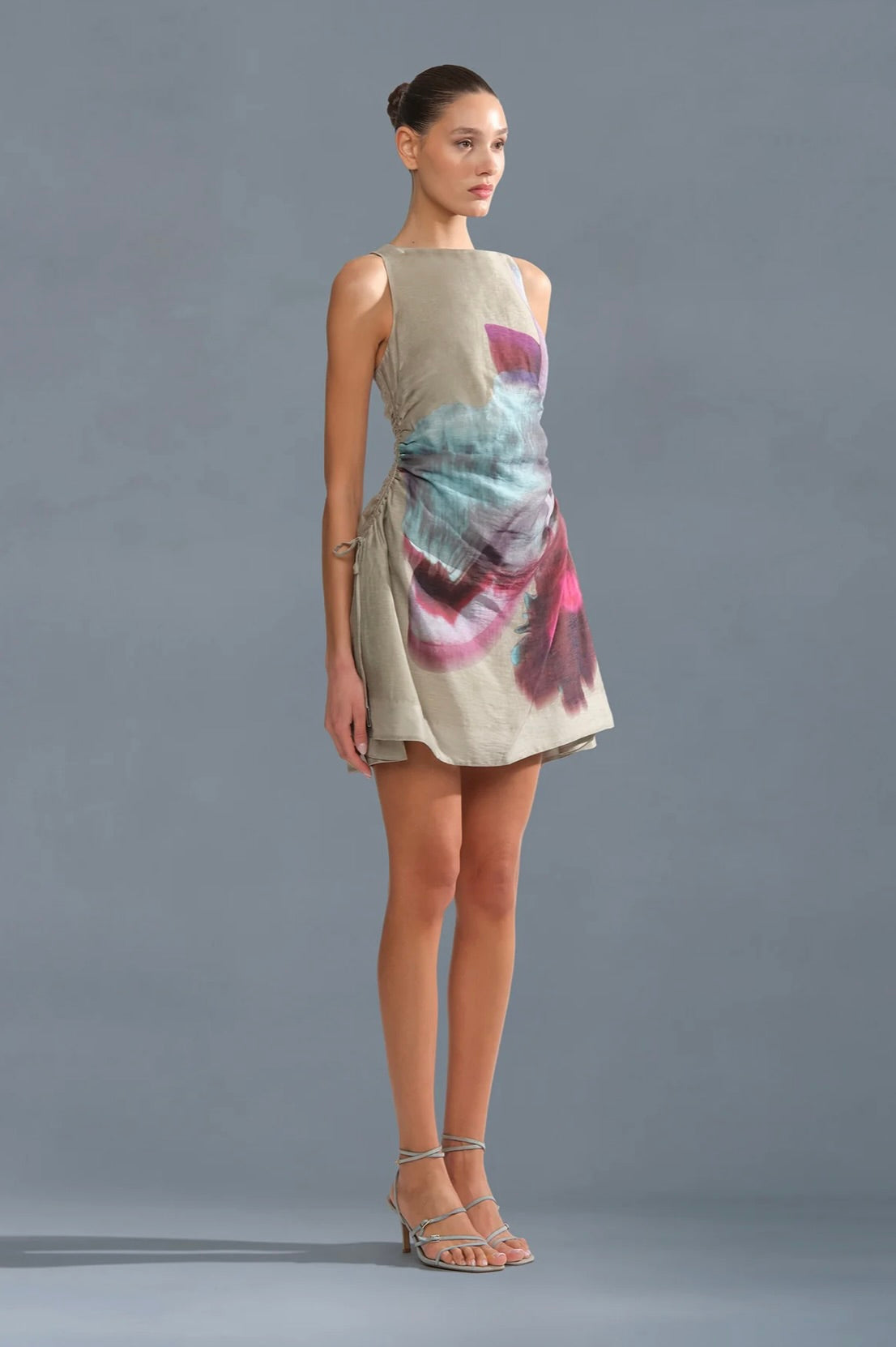 Sage Orchid Print Adjustable Drawstring Mini Dress