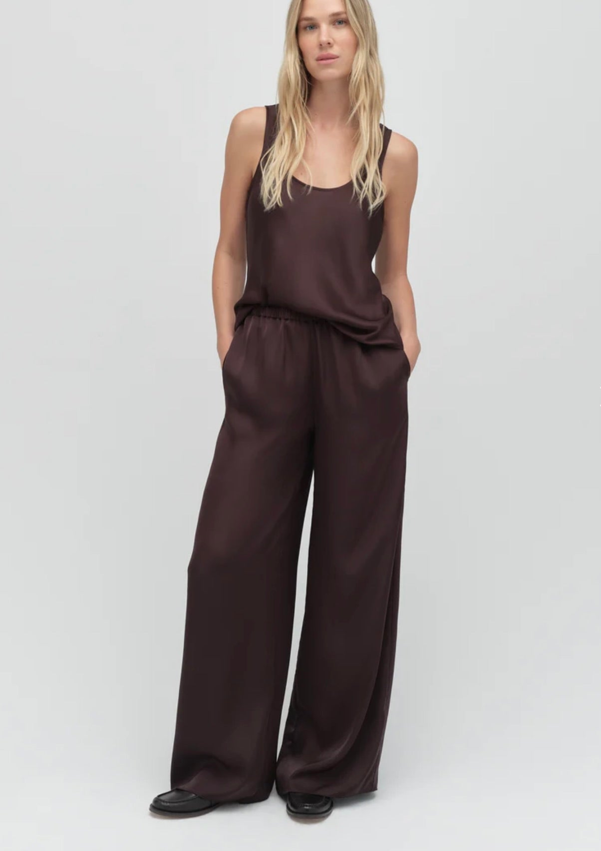 Espresso Silky Satin Elastic Wide-Leg Trousers