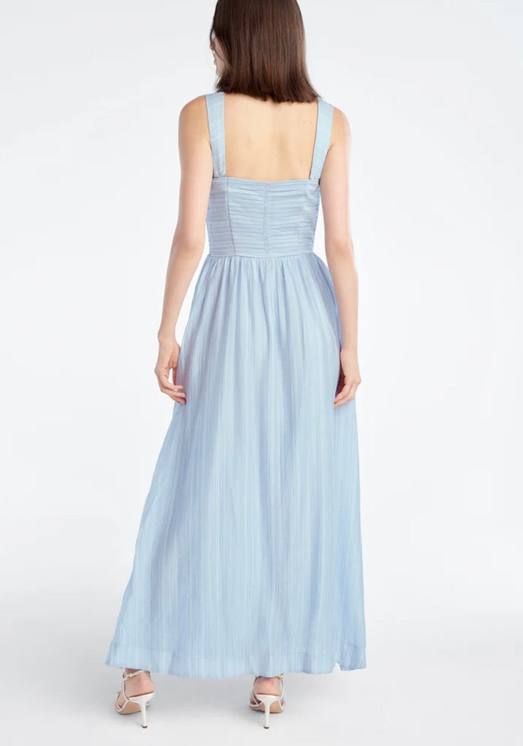 Sky Blue Pleated Bodice Adjustable Front-Tie Long Dress