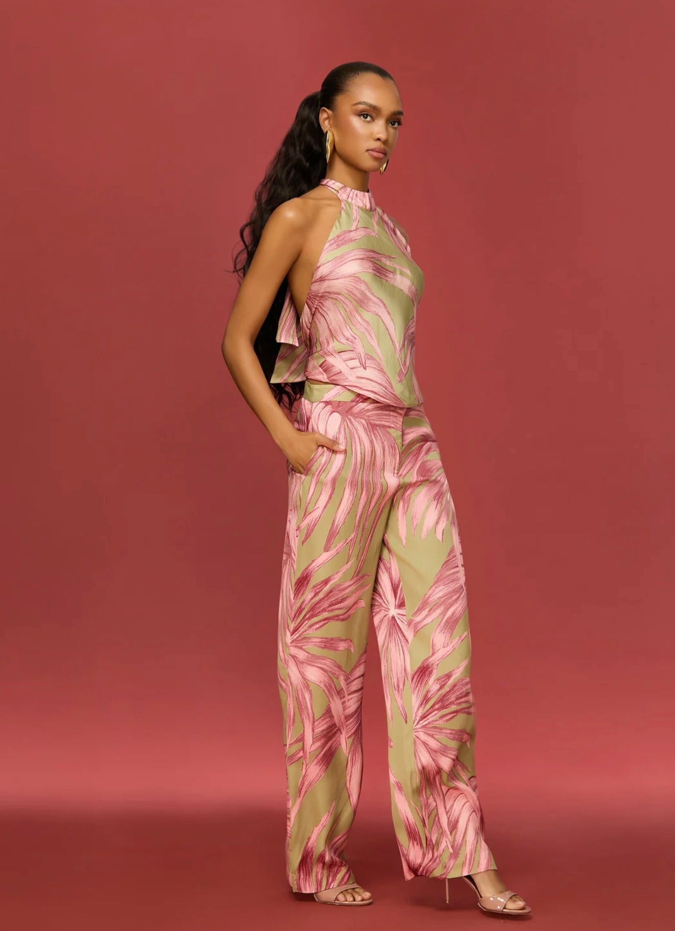 Organic Palm Leaf Pattern Fluid Drape All-Season Pants