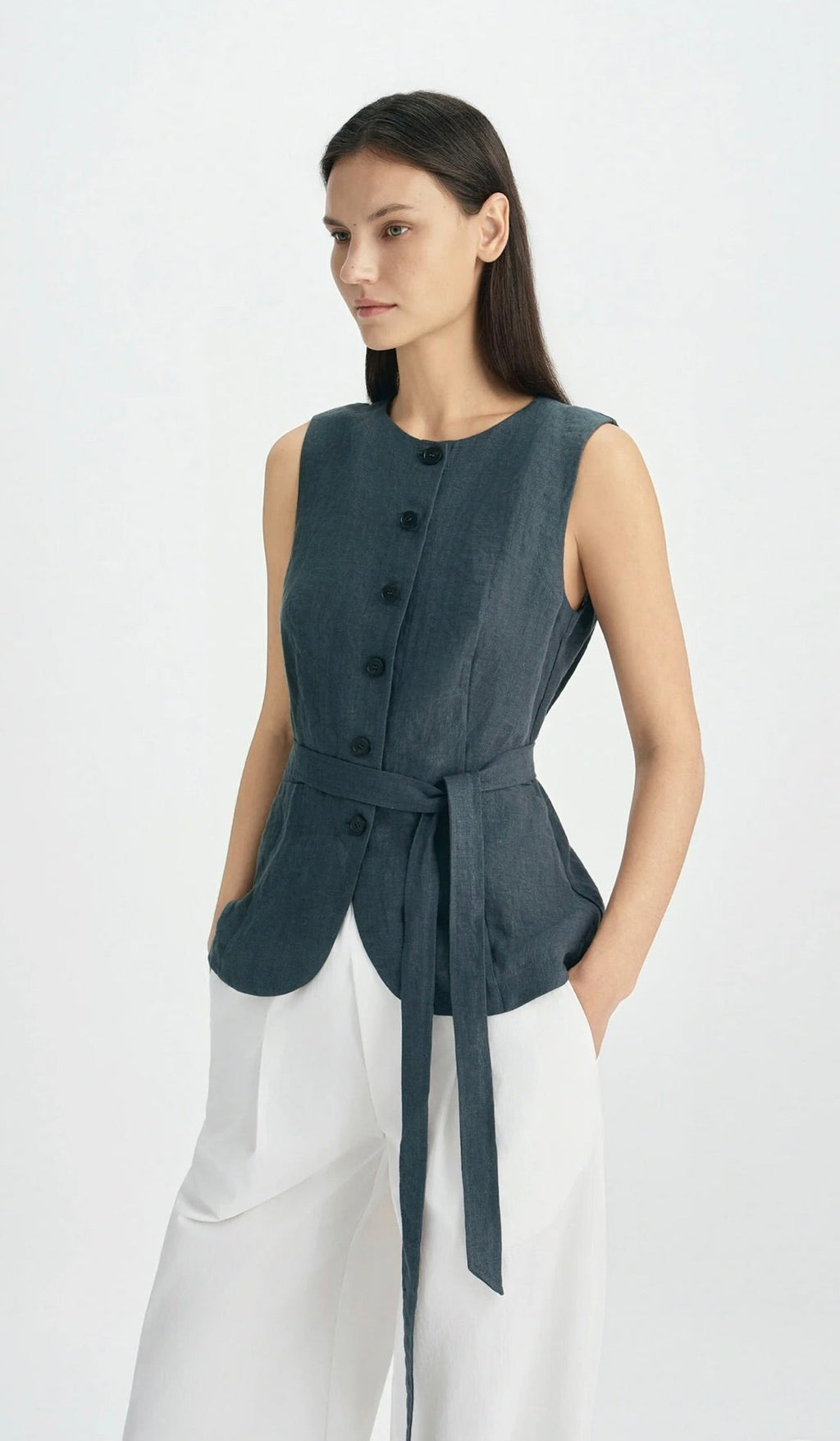 Slate Button-Front Tie-Waist Cotton Top