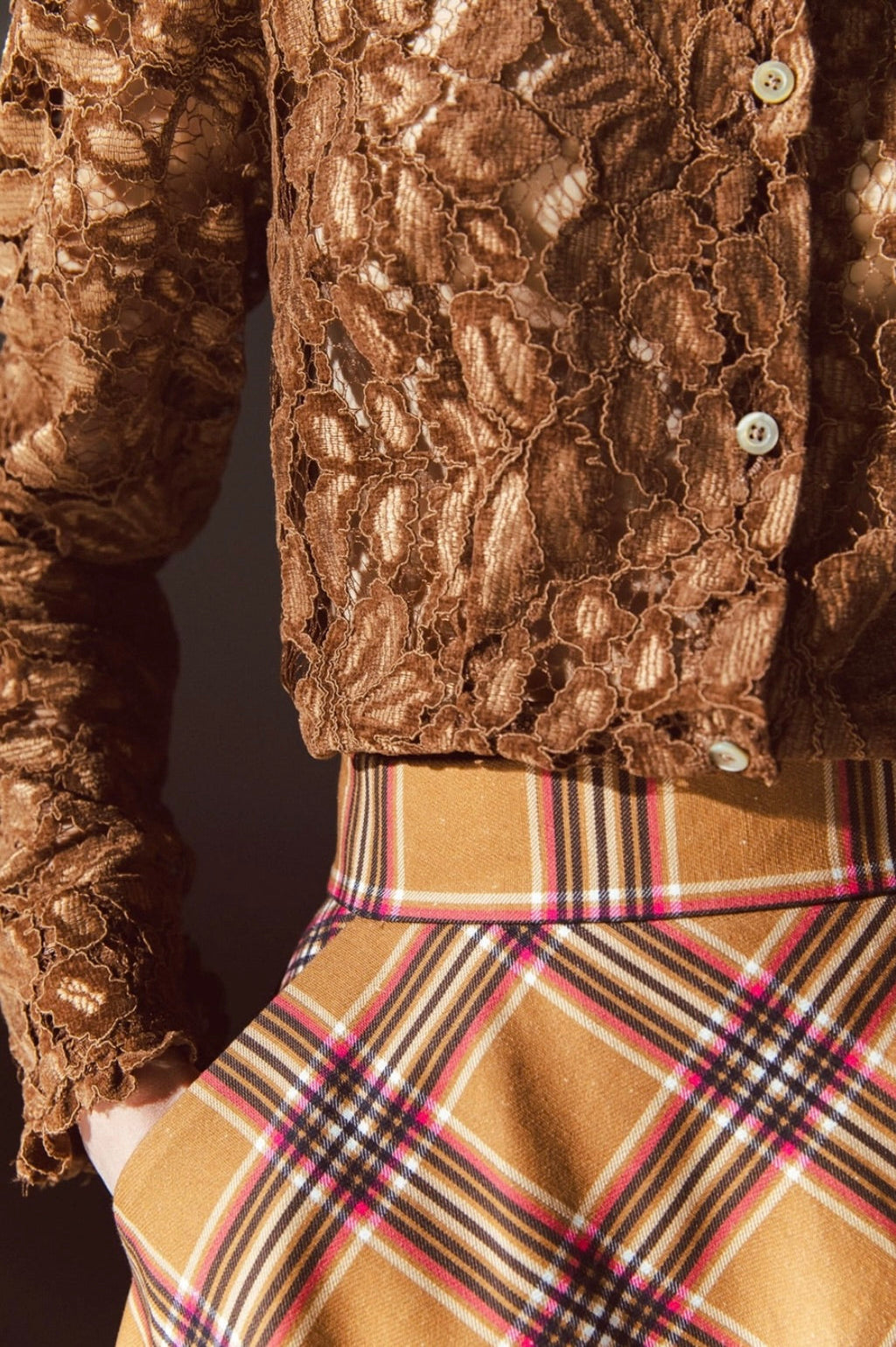 High-Rise Camel Midi Checkered Skirt