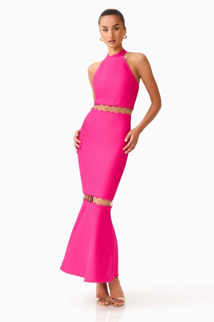 Raspberry Pink High-Stretch Halter Backless Gown