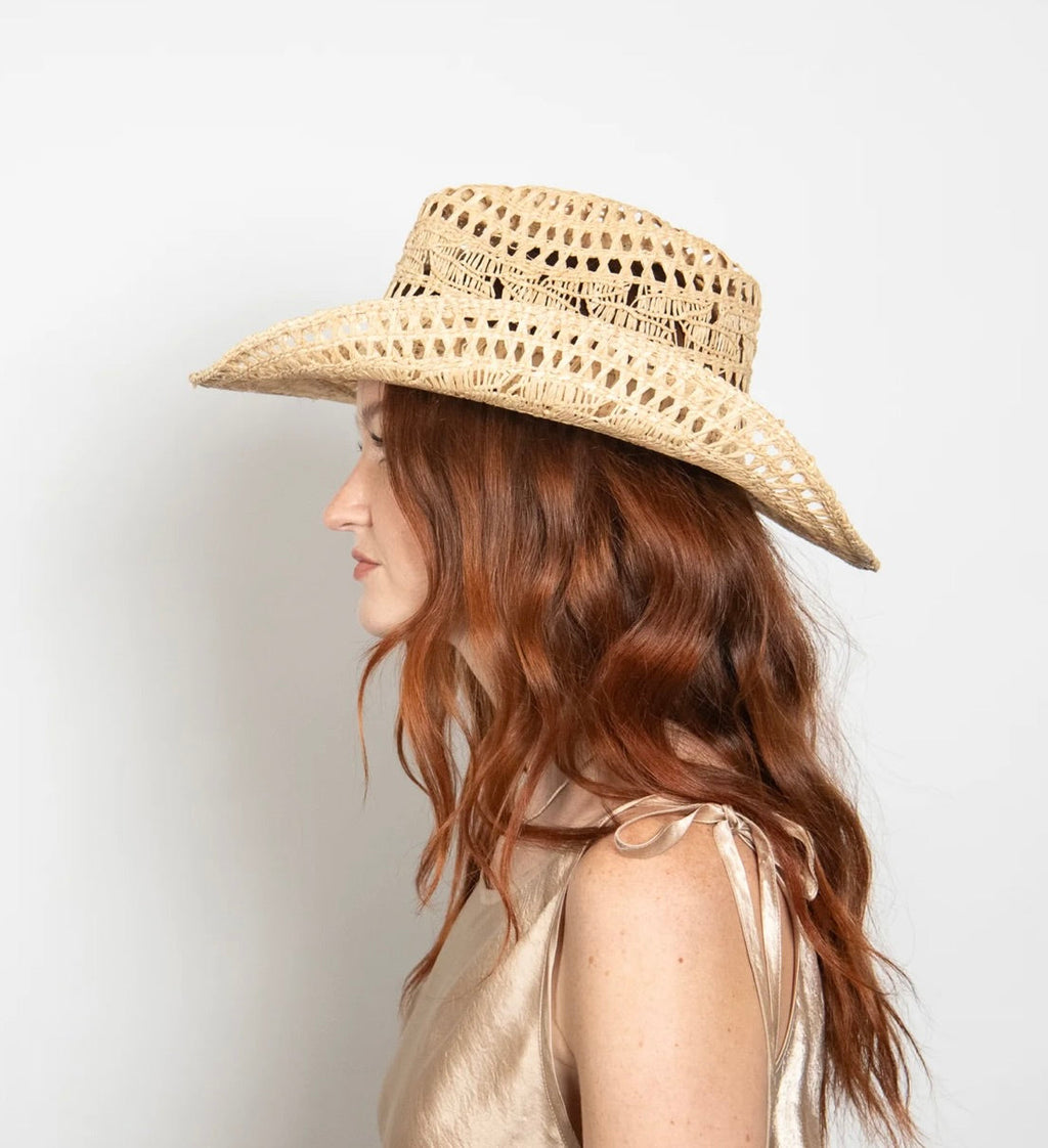 Natural Handwoven Raffia Straw Hat with Curved Brim & Pinched Crown
