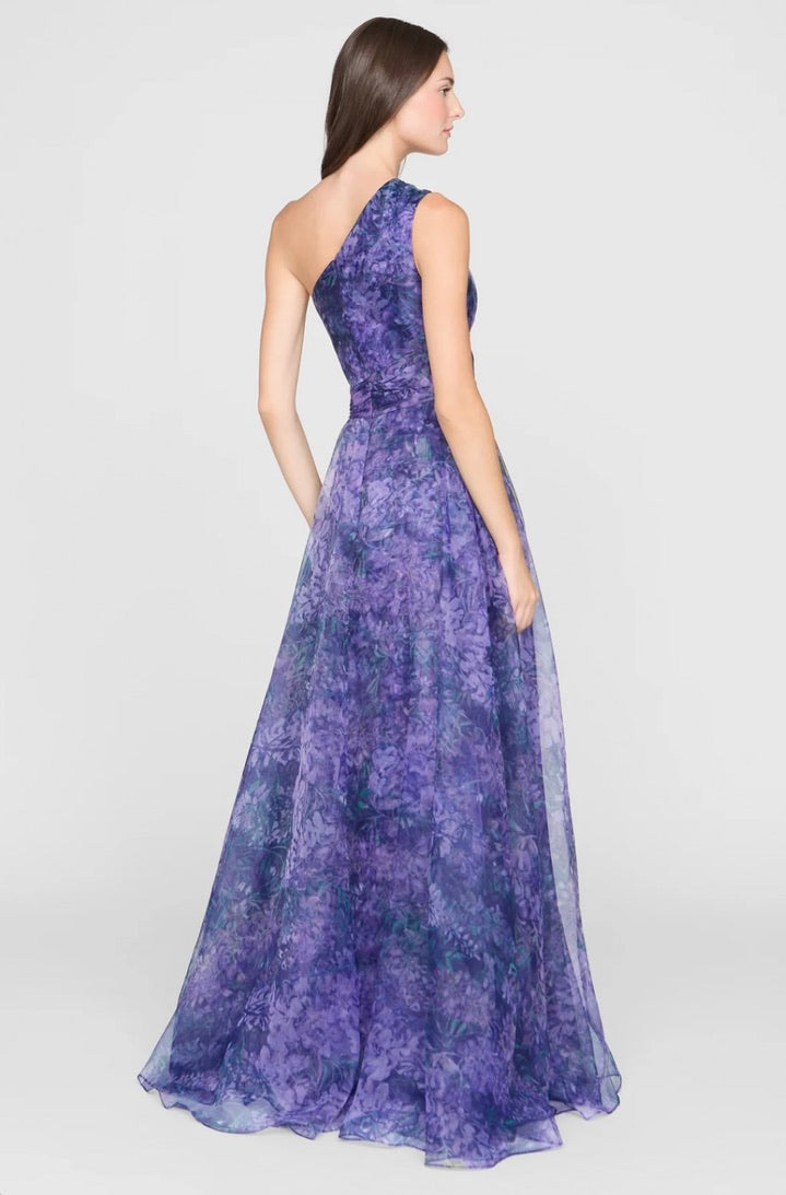 Defined-Waist Cascade-Layered Floor-Length Gown