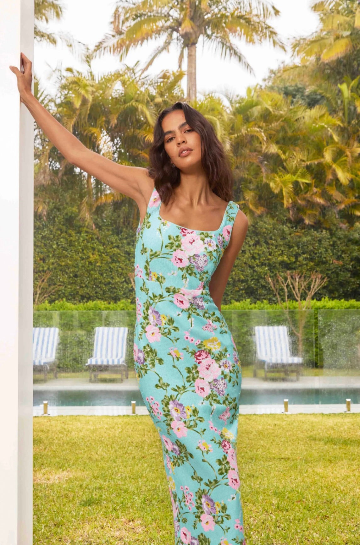 Mint Green Square-Neck Floral Sequin Midi Dress