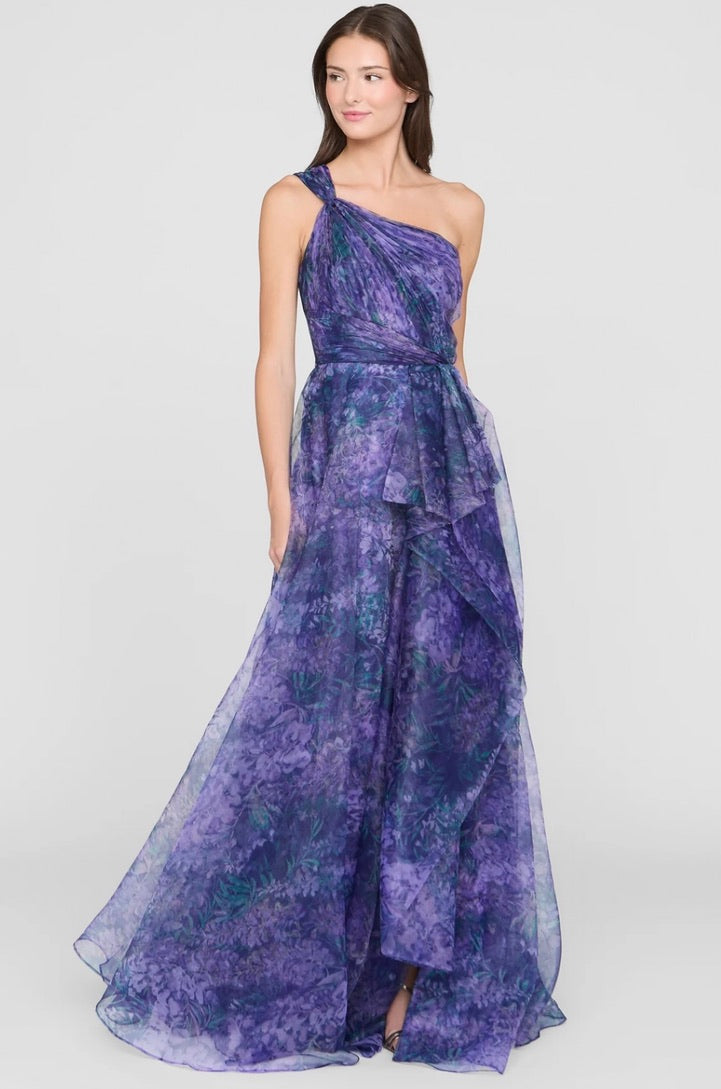 Defined-Waist Cascade-Layered Floor-Length Gown