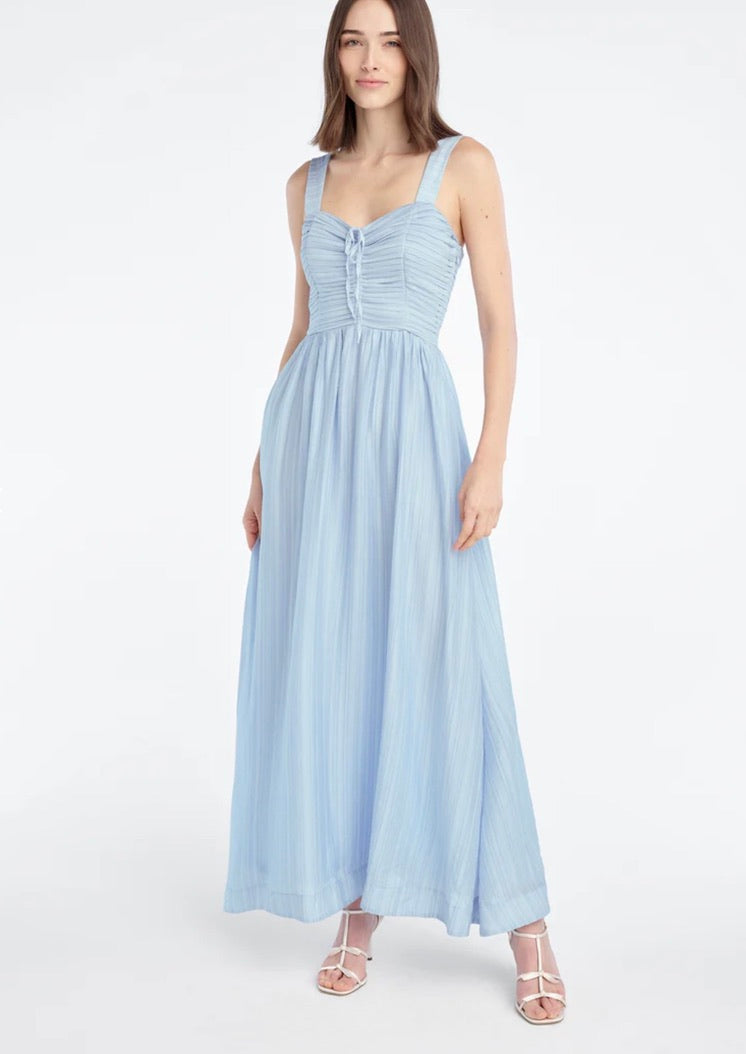 Sky Blue Pleated Bodice Adjustable Front-Tie Long Dress