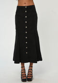 Mid-Waist Flared Denim Skirt with Graceful Drape & Two Front Pockets