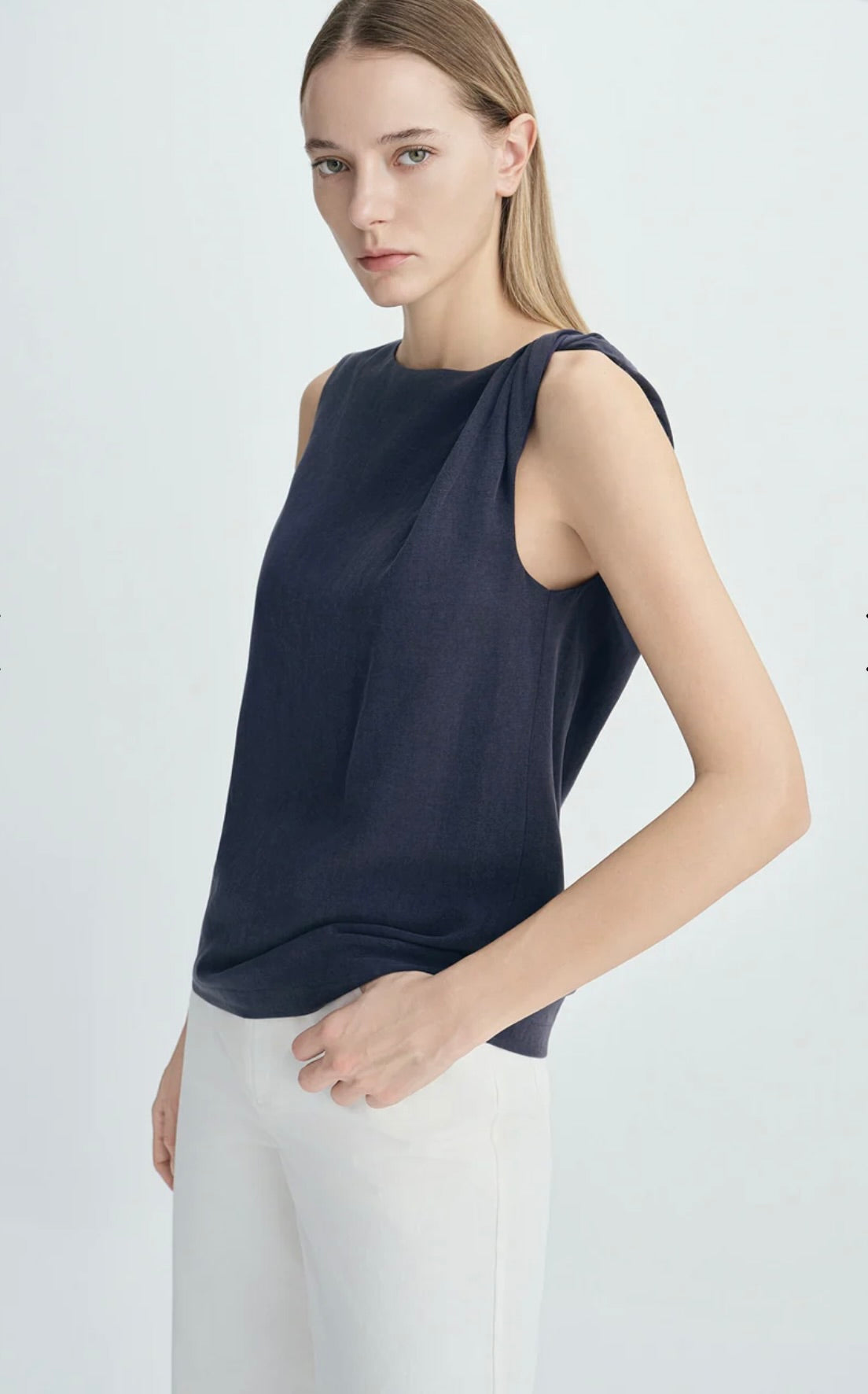 ‌Navy Twisted Shoulder Top