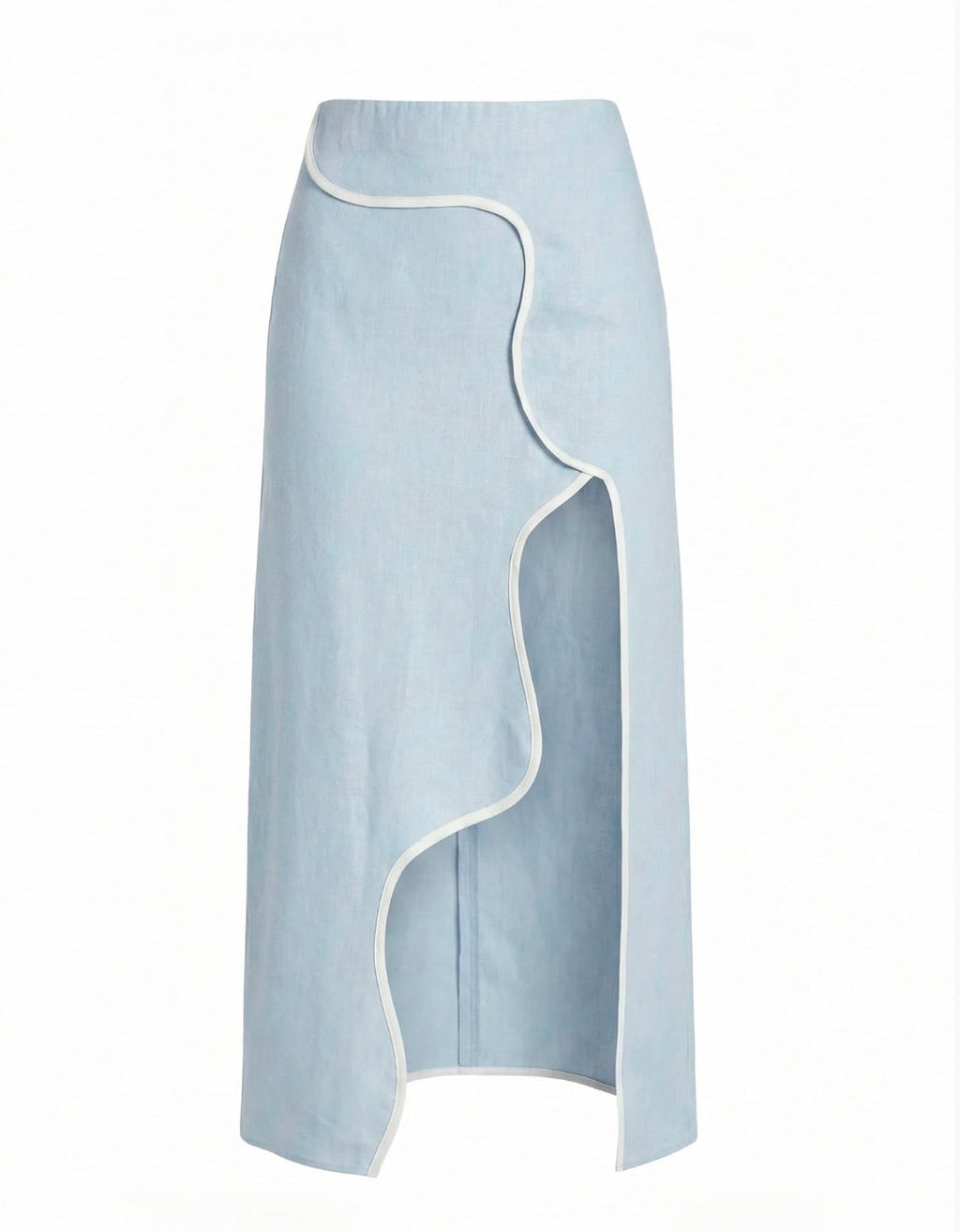 Ice Blue Wavy-Line High-Rise Linen Midi Skirt