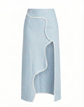 Ice Blue Wavy-Line High-Rise Linen Midi Skirt