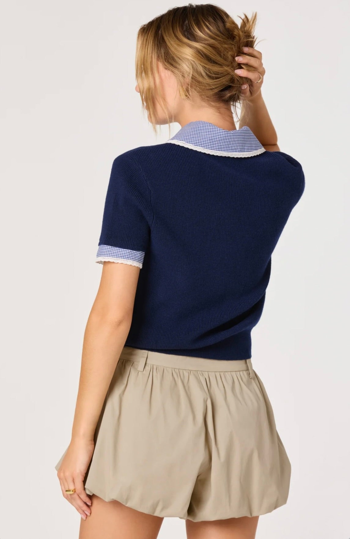 ‌Navy Gingham Collar Cardigan
