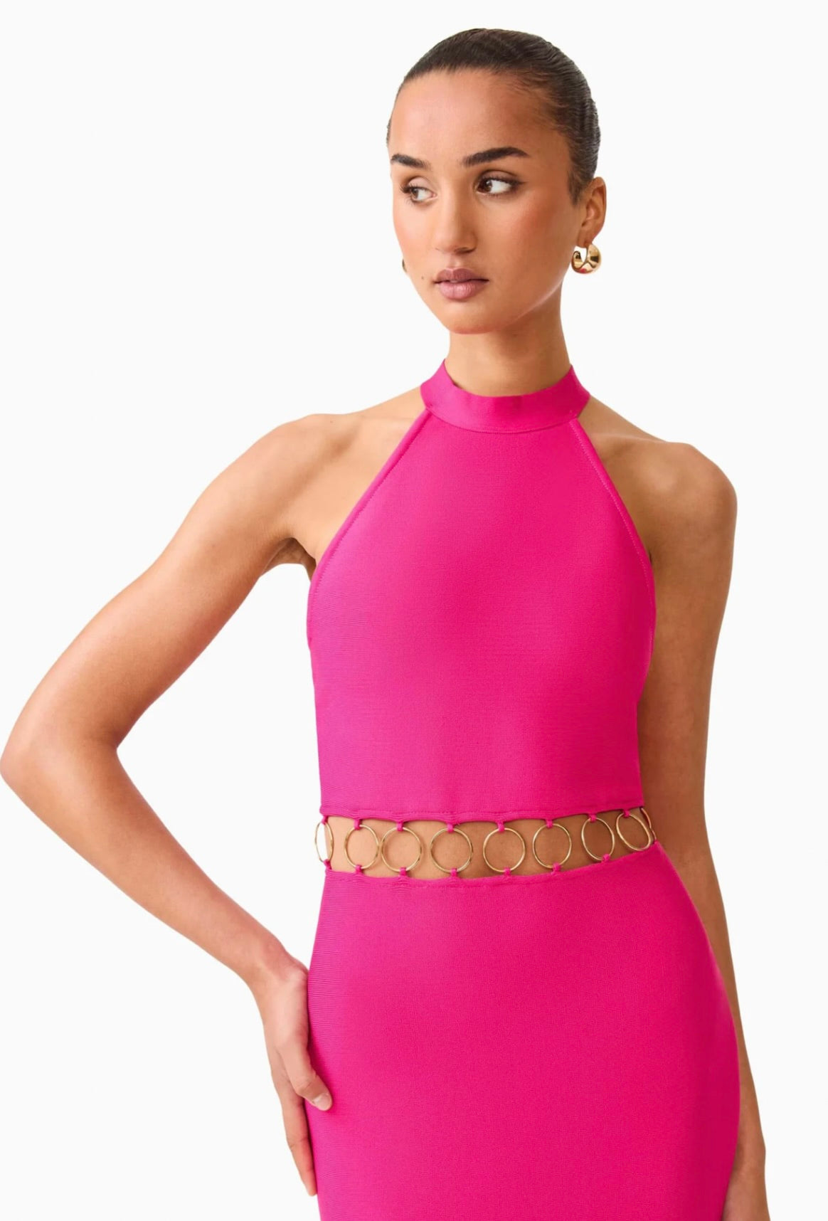 Raspberry Pink High-Stretch Halter Backless Gown