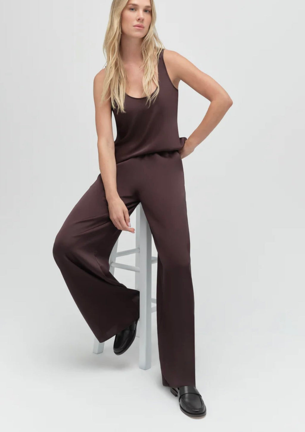 Espresso Silky Satin Elastic Wide-Leg Trousers