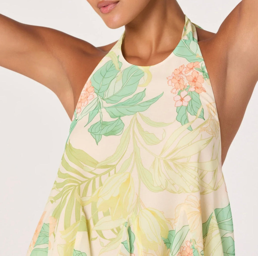 Center Back Self-Tie Tropical Print Chiffon Top